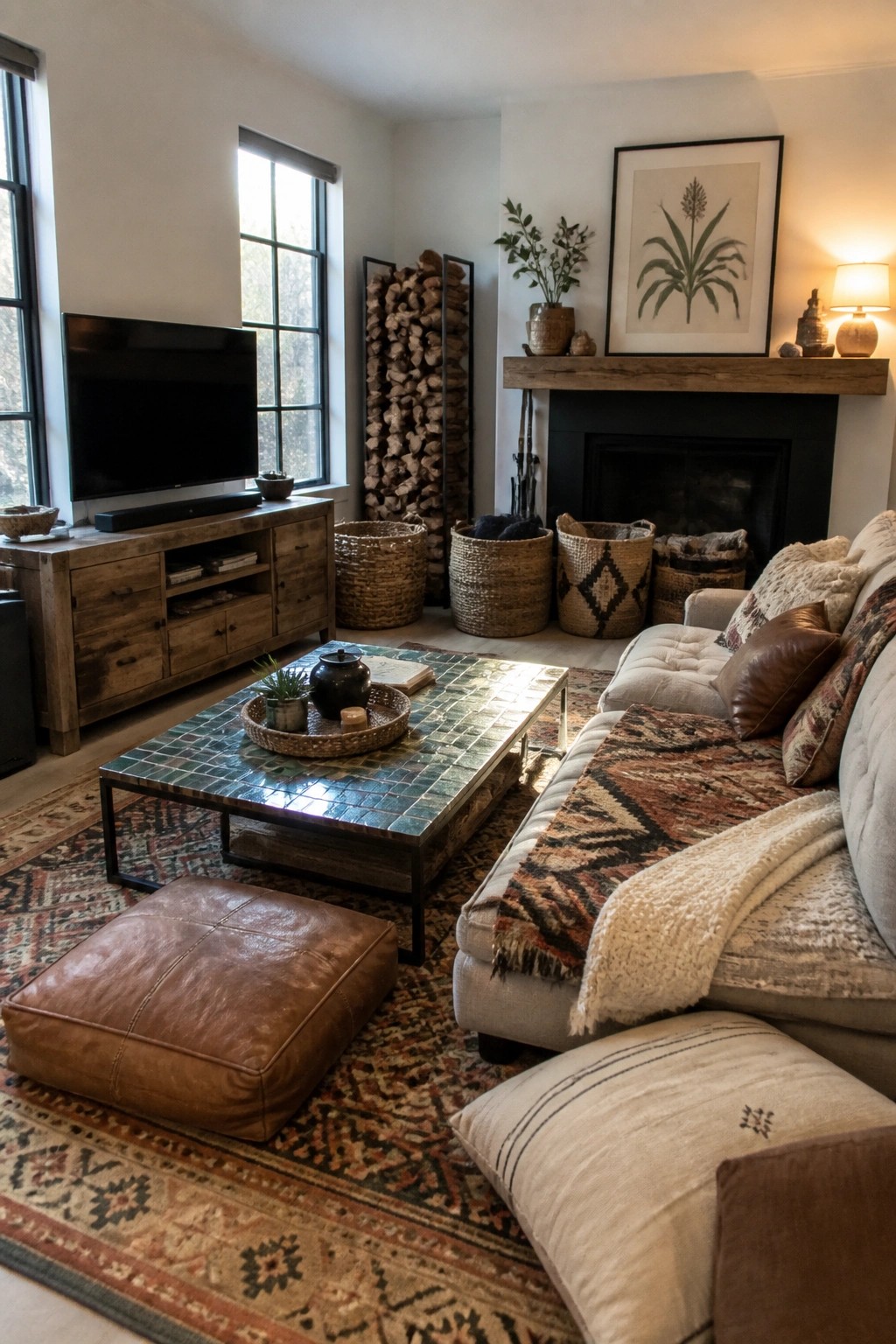 Cozy living room with black fireplace, beige sectional sofa, tiled coffee table, and leather ottoman.