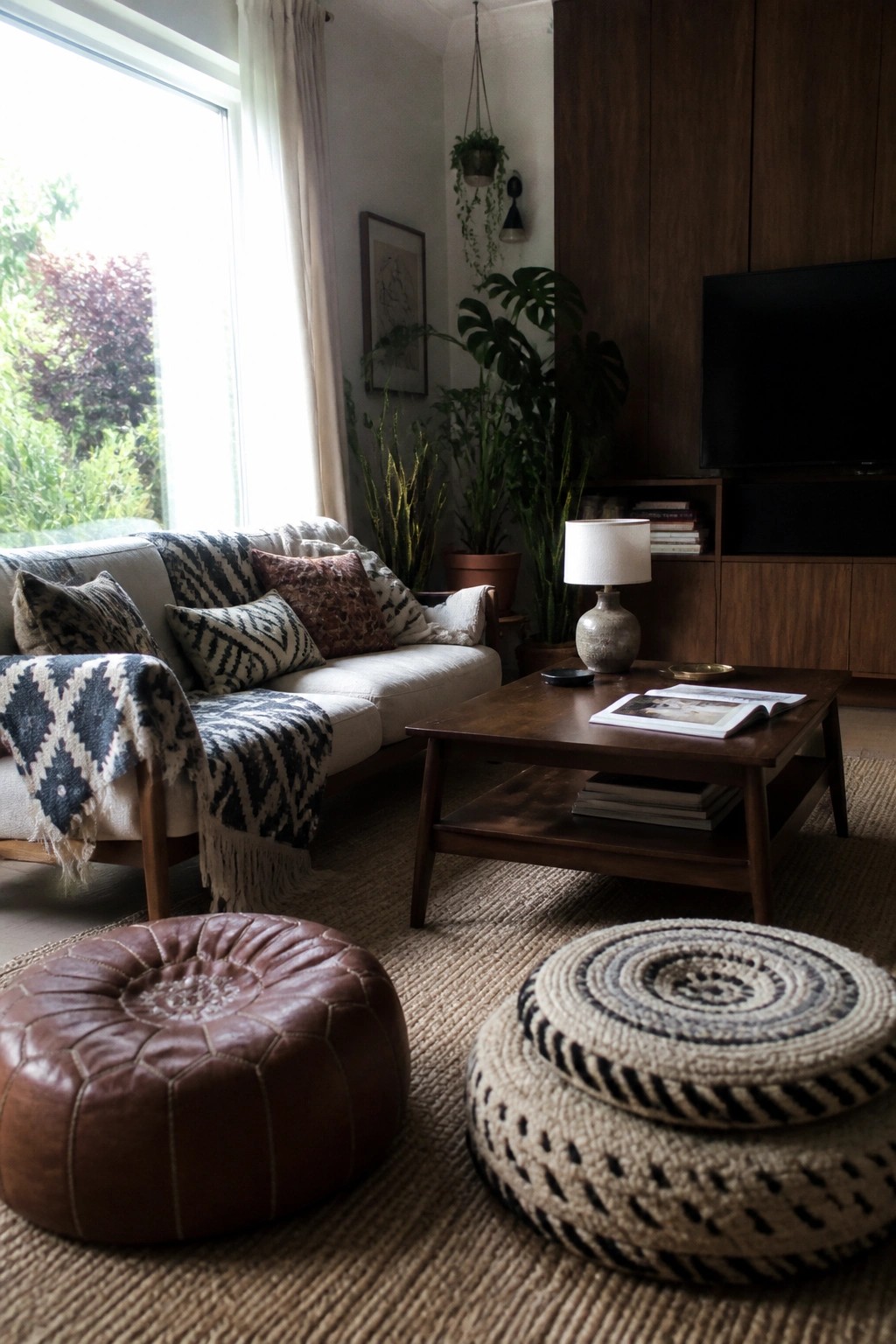 Cozy living room with white sofa, wooden coffee table, leather pouf, woven ottoman, and plants.