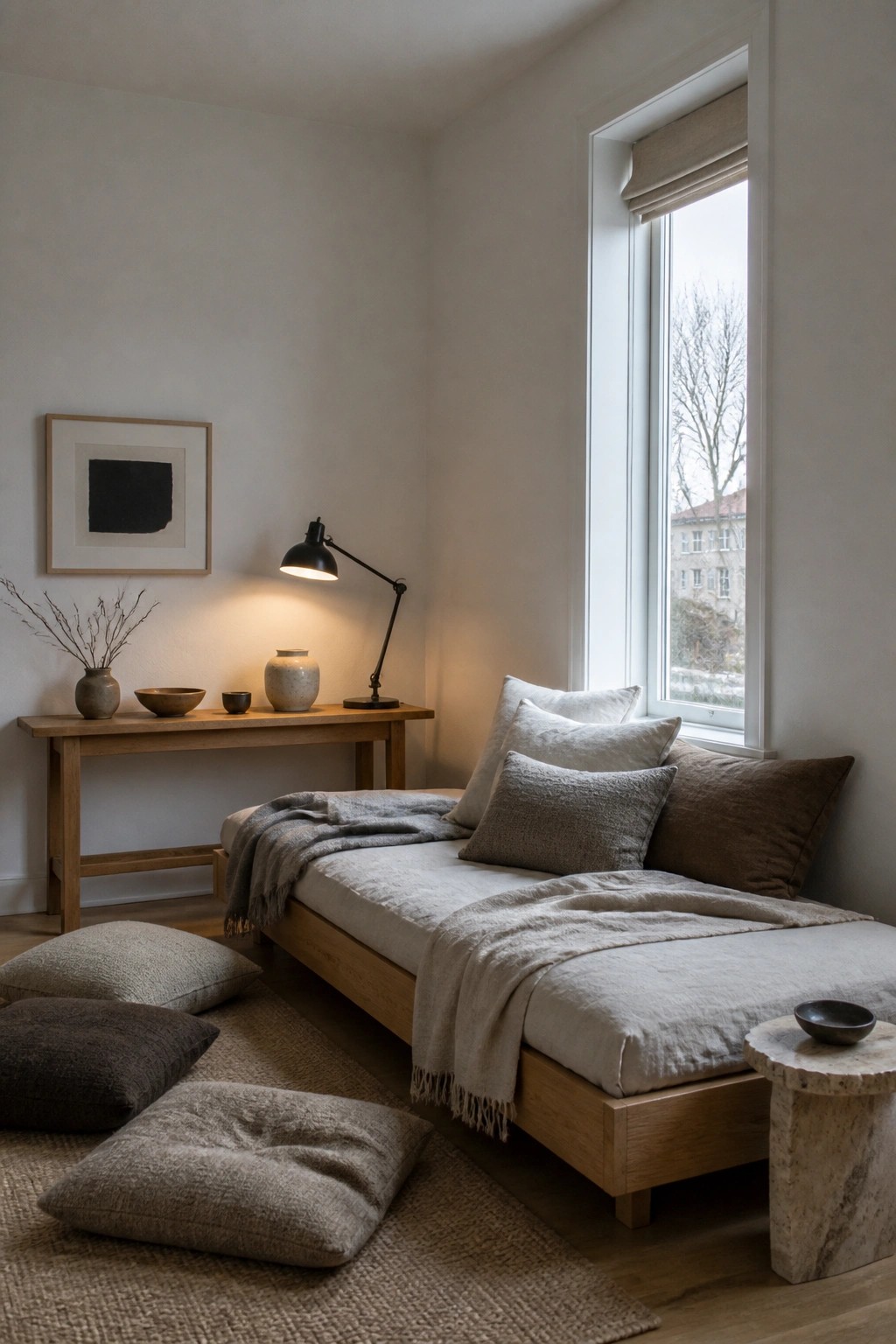 A low wooden daybed with layered neutral pillows, throws, and several floor cushions arranged on a woven rug in a minimalist room with a window.