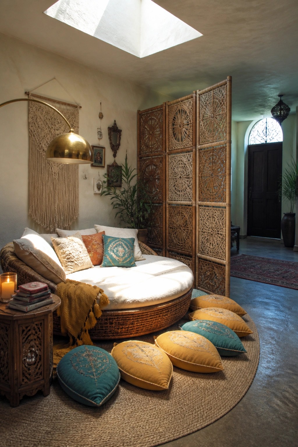 A round wicker daybed with white cushions is surrounded by yellow and teal floor pillows on a circular rug, next to a carved wooden side table holding books and a candle.