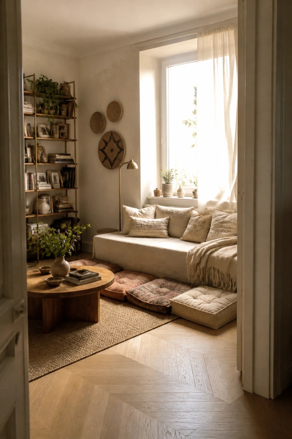 A bright boho living room with a window seat covered in neutral pillows, several patterned and solid floor cushions on a woven rug, a round wooden table holding books and bowls, and a tall gold bookshelf along the left wall.