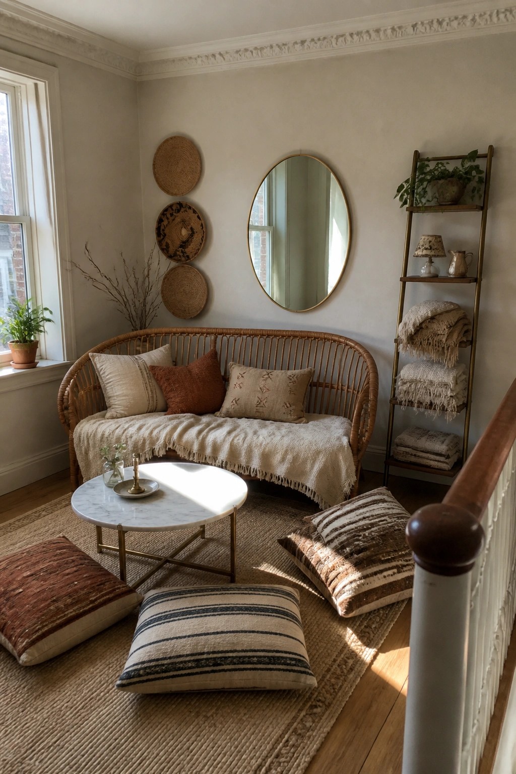 A boho living room with a rattan sofa, round marble coffee table, woven wall decor, wooden ladder shelf, and several patterned floor cushions arranged on a large jute rug.