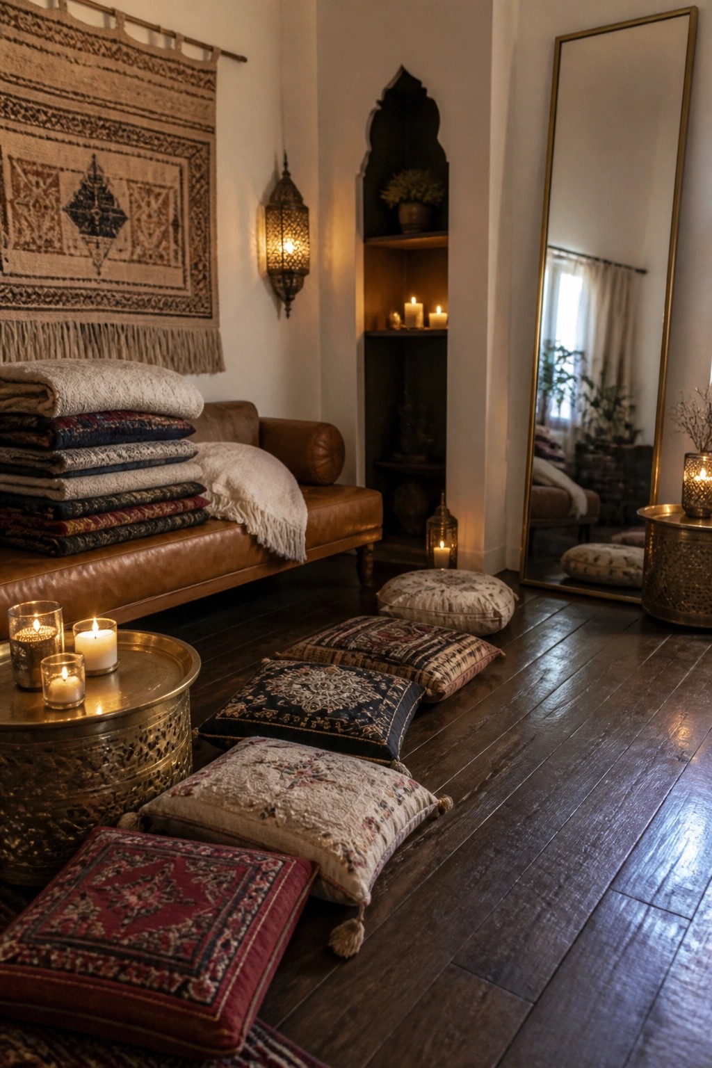A living room corner with a brown leather sofa holding stacked textiles, several patterned floor cushions on dark wood flooring, lit candles on brass trays, a wall tapestry, and a tall mirror reflecting part of the space.