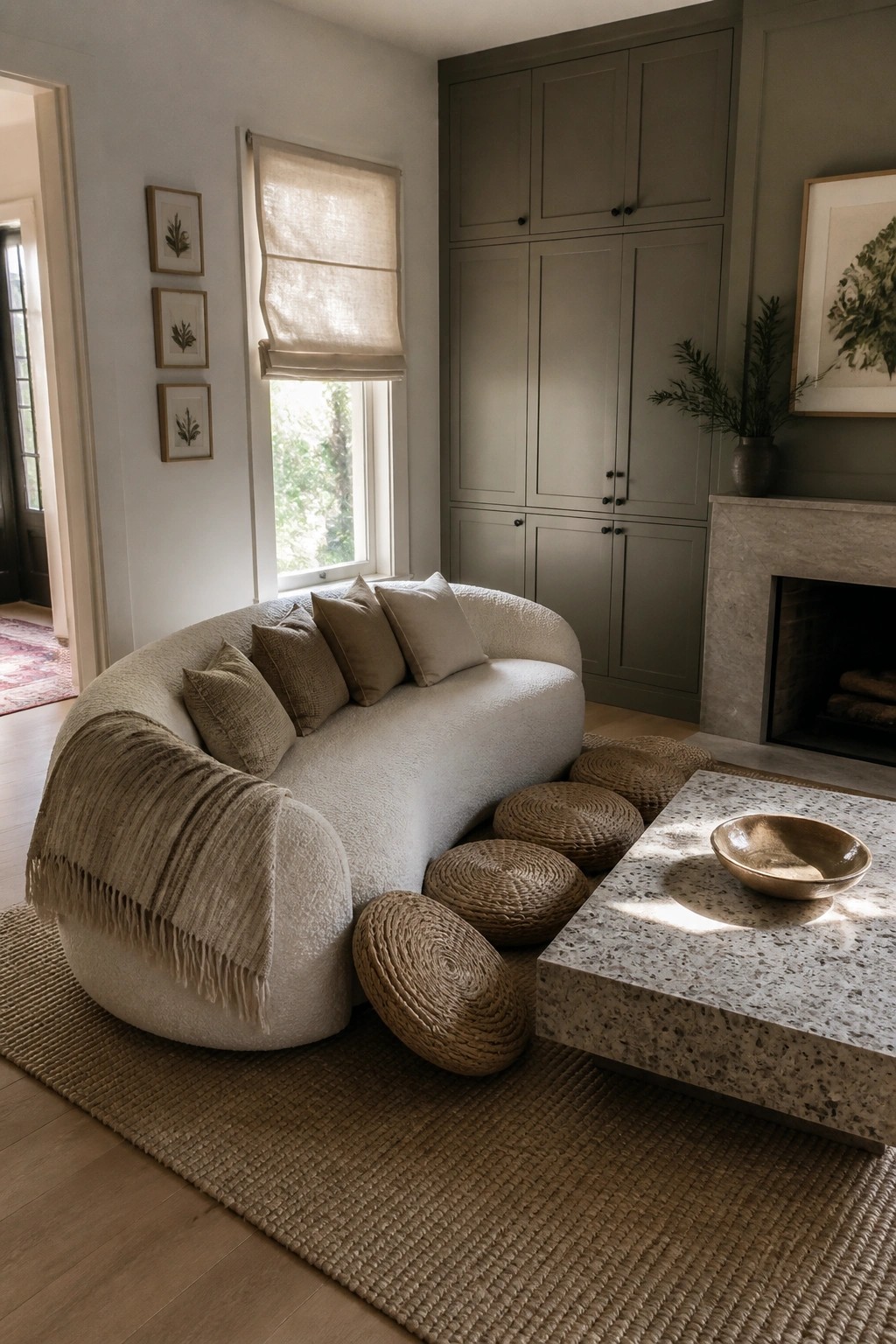 A curved white sofa with beige pillows and a fringed throw sits on a jute rug beside woven floor cushions, a stone coffee table, built-in gray cabinets, and a fireplace.