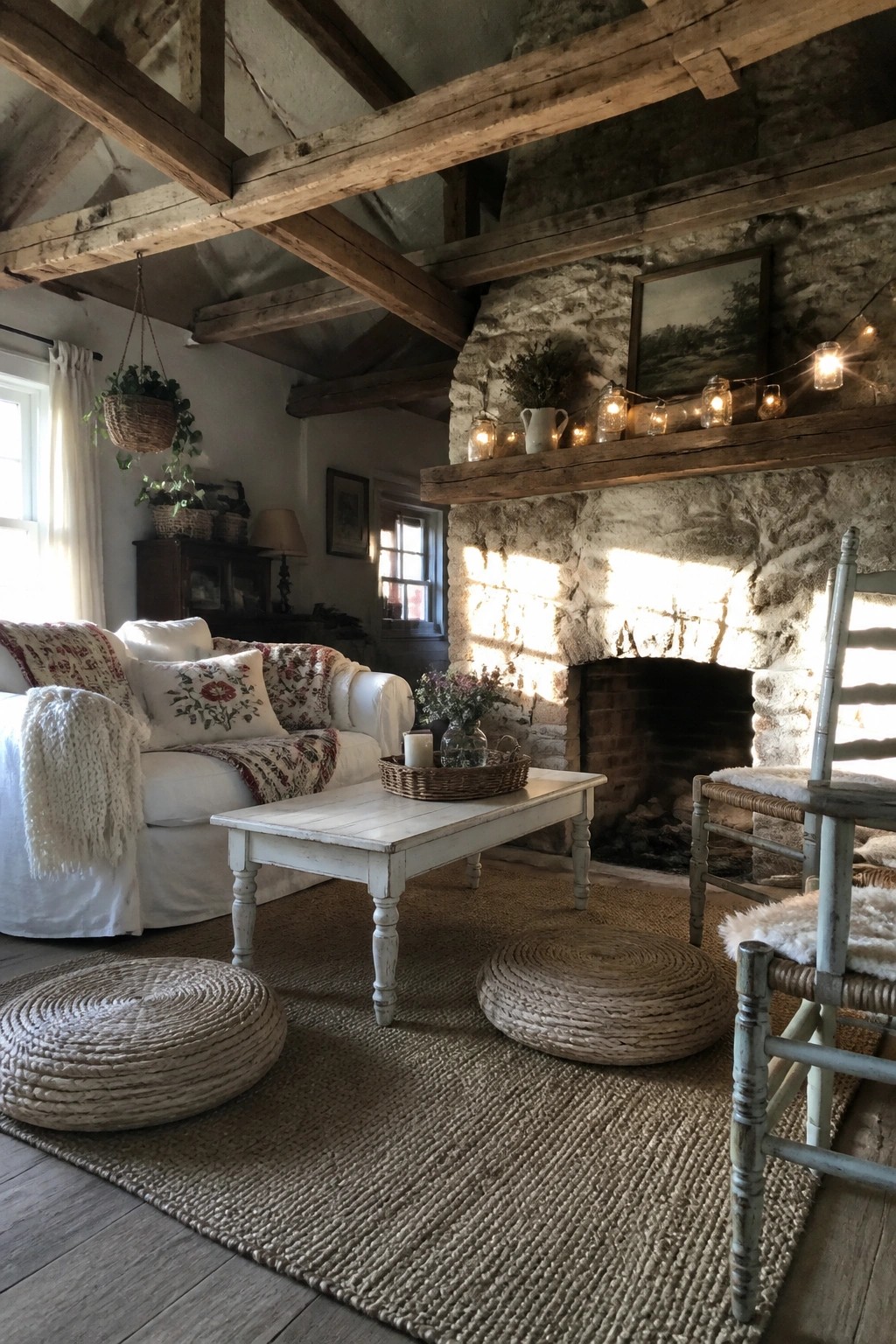 A rustic living room featuring a white sofa with patterned pillows, a white coffee table, a large stone fireplace, and multiple round woven floor cushions arranged on a jute rug.