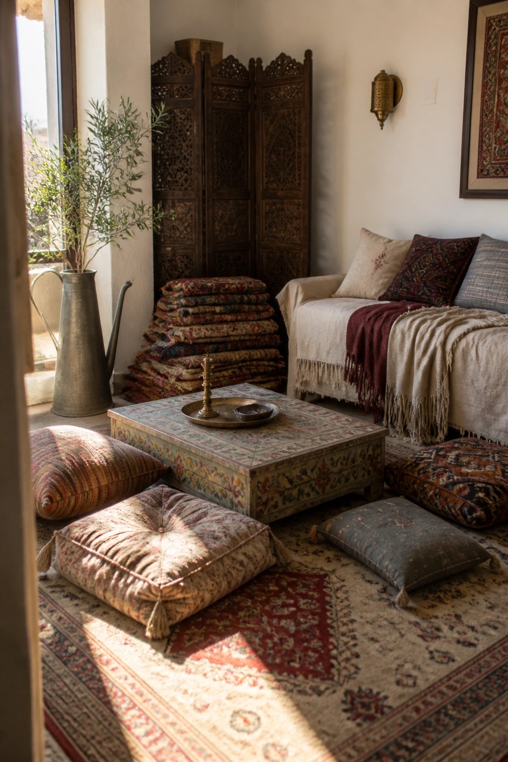 A sunlit living room with layered rugs, patterned floor cushions around a low painted table, a sofa with throws, stacked textiles, and a carved wooden screen.