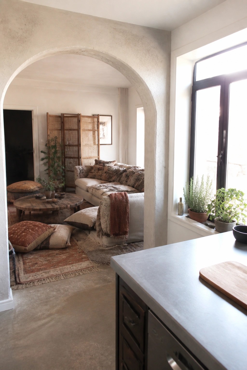 A living room seen from a kitchen counter, with a sofa, multiple floor cushions on layered rugs, and an arched doorway leading into the space.