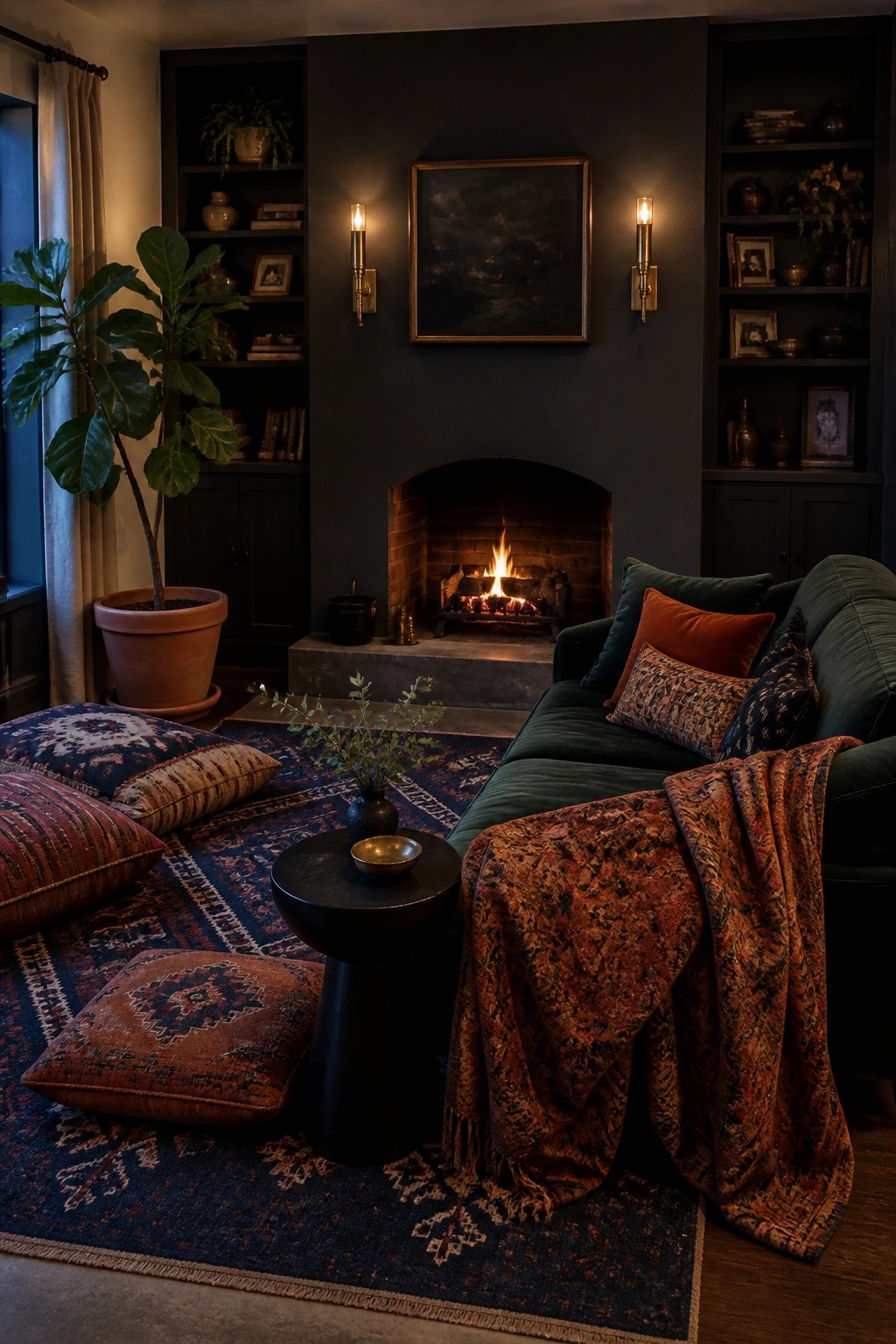 A dark living room features a green velvet sofa with a patterned throw, multiple floor cushions on layered rugs, built-in shelves, and a lit brick fireplace.