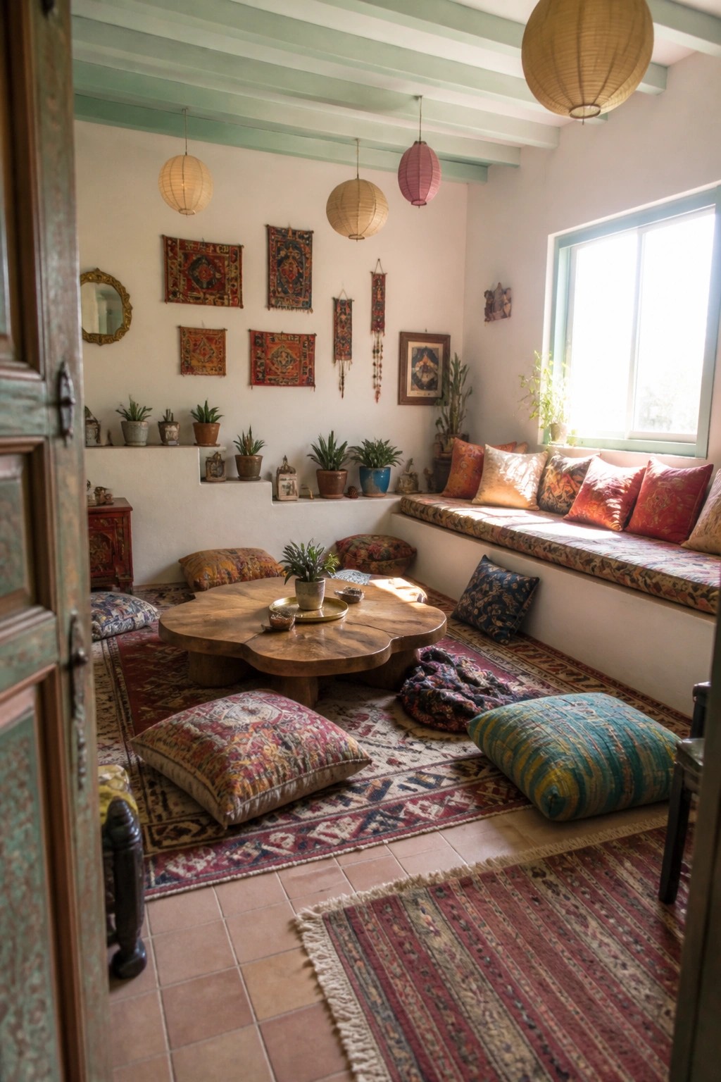 A boho-style living room interior with multiple overlapping patterned rugs, numerous floor cushions, a low wooden table, hanging lanterns, wall tapestries, and a built-in window seat with pillows.