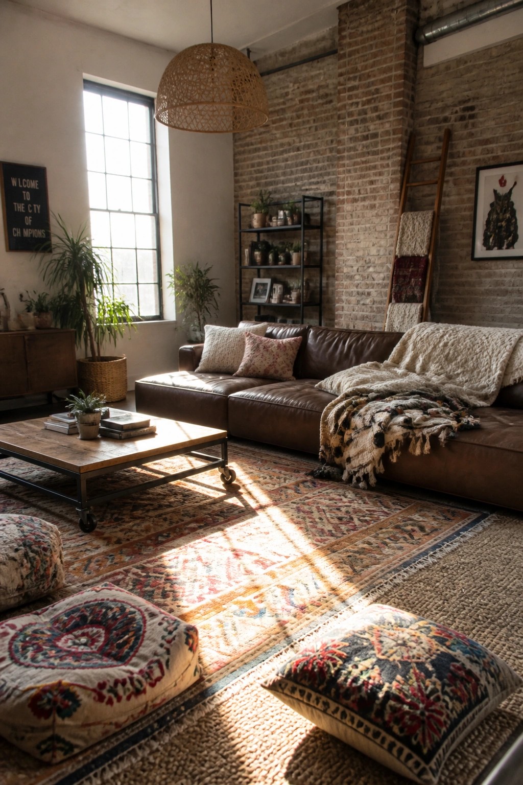 A living room with a brown leather sofa, multiple layered patterned rugs, floor cushions, a wooden coffee table, and plants near a large window.