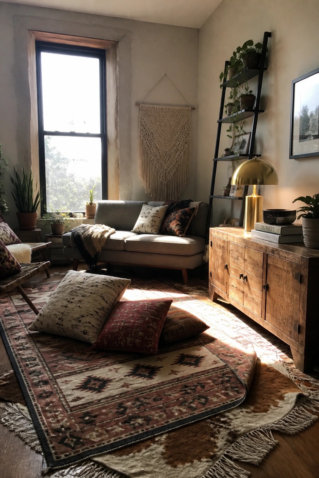 A living room interior with layered patterned rugs on a wood floor, several floor cushions in the foreground, a gray sofa, macrame wall hanging, and wooden cabinet with plants and a brass lamp.