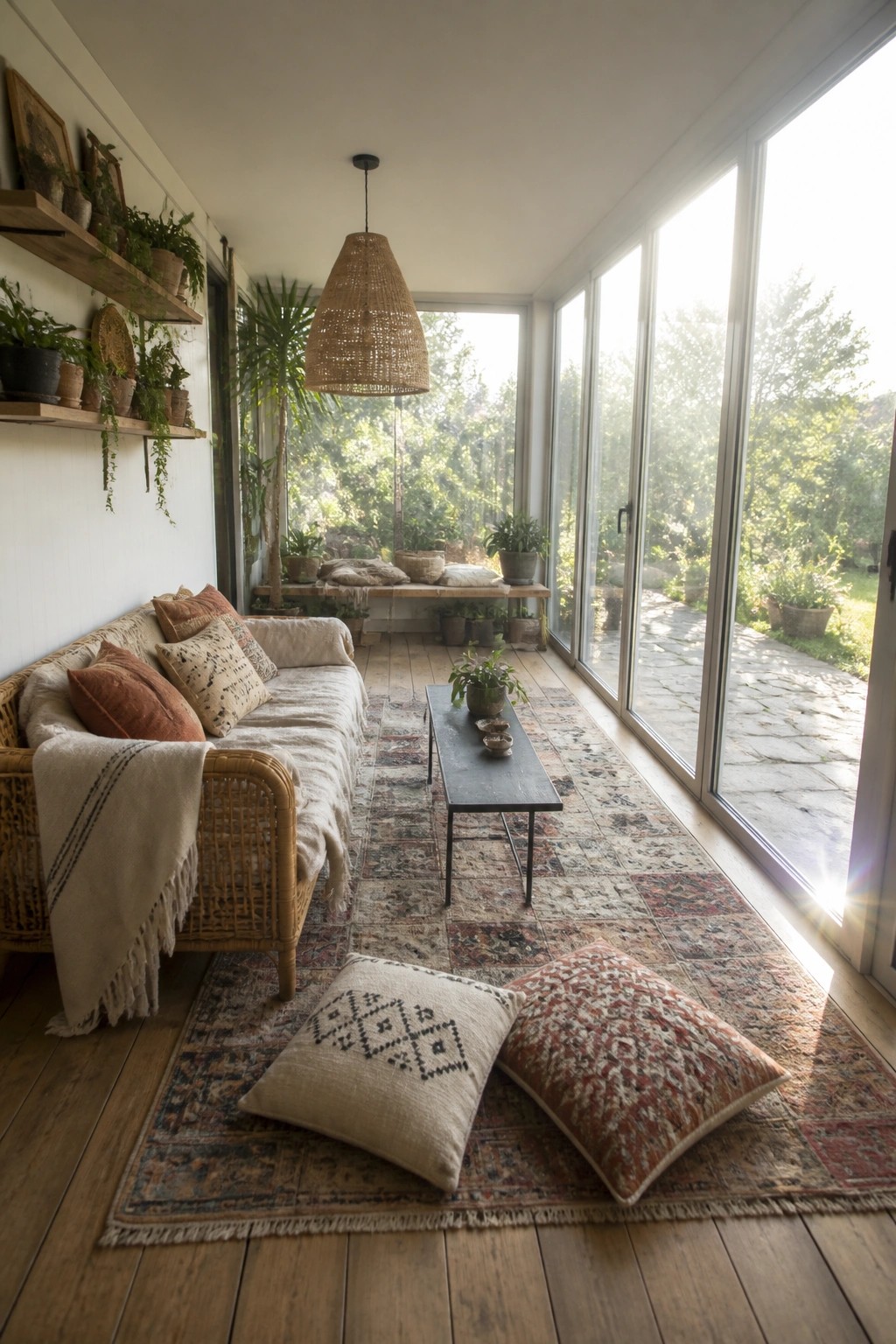 Sunroom interior with wicker sofa, layered patterned rugs, floor cushions, coffee table, and large windows overlooking a garden.