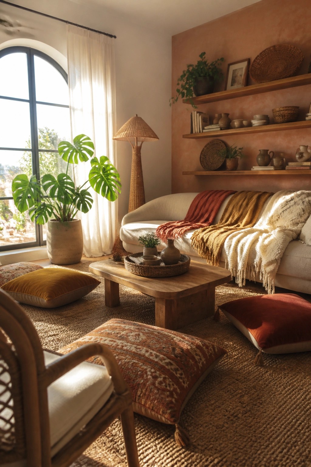 A living room with a white sofa draped in layered throws, a wooden coffee table, several patterned floor cushions on a jute rug, a large potted plant, and wooden shelves on a terracotta wall.