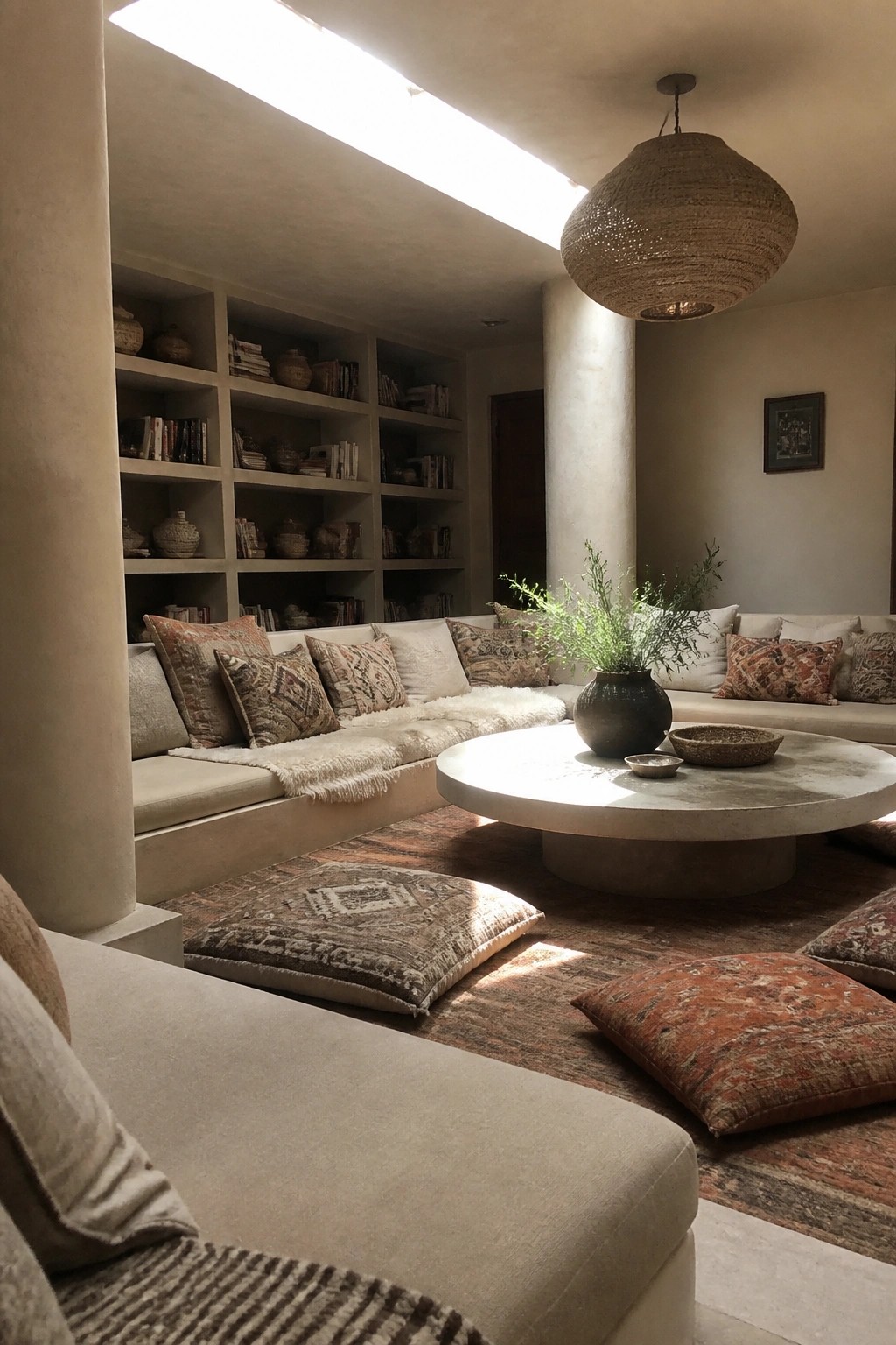 Sunlit minimalist lounge with built-in bookshelves, round table, and woven pendant light