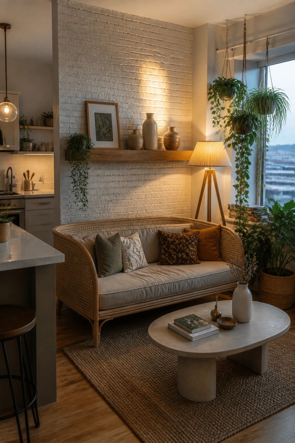 A living room with a light rattan sofa, round concrete coffee table on a woven rug, hanging plants, and a white brick wall with a wooden shelf.