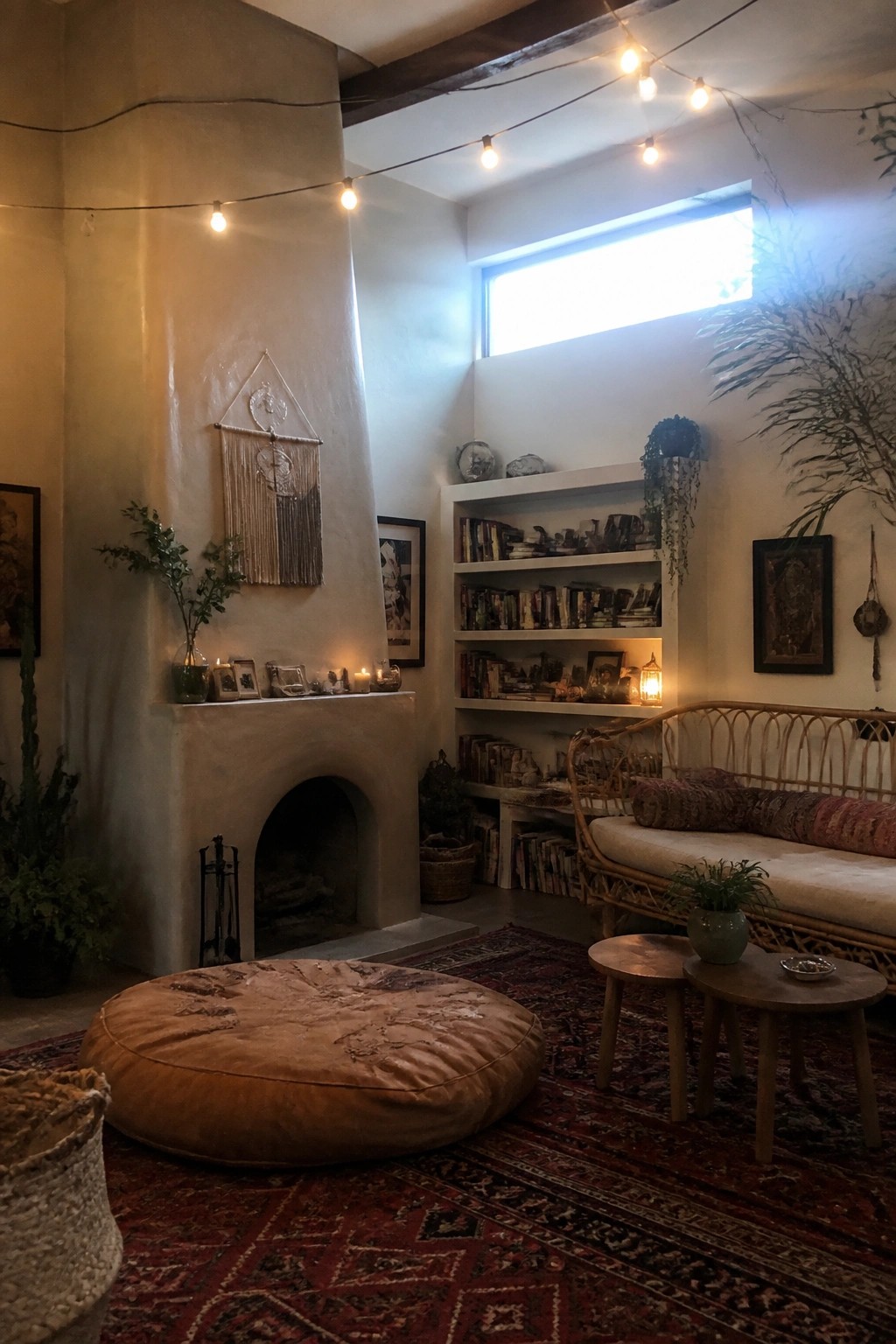 A living room interior showing a large plaster fireplace with macrame hanging above it, white built-in bookshelves filled with books to the right, a rattan sofa, a large brown floor cushion, and a red patterned rug.