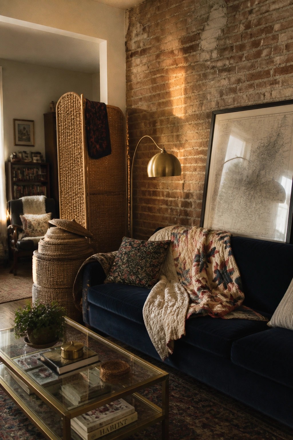 A living room with a navy velvet sofa against a brick wall, a tall woven rattan screen, layered textiles, and a glass coffee table in the foreground.