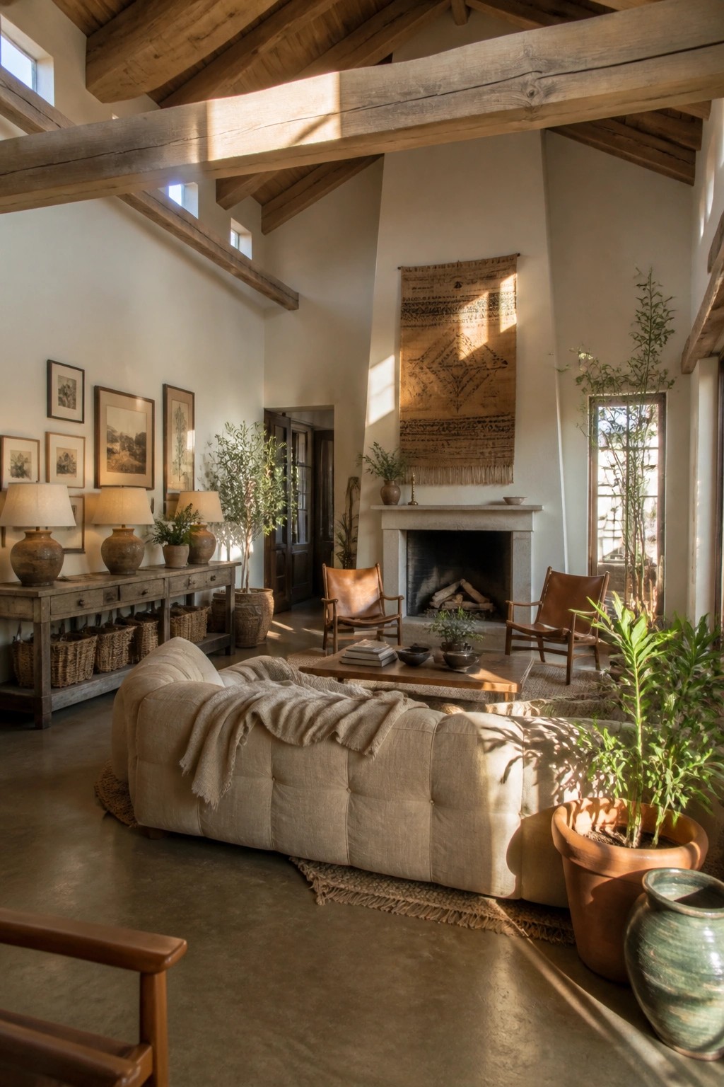 A spacious living room featuring a large tufted beige linen sofa, exposed wooden ceiling beams, a stone fireplace with a tapestry above it, and multiple potted plants.