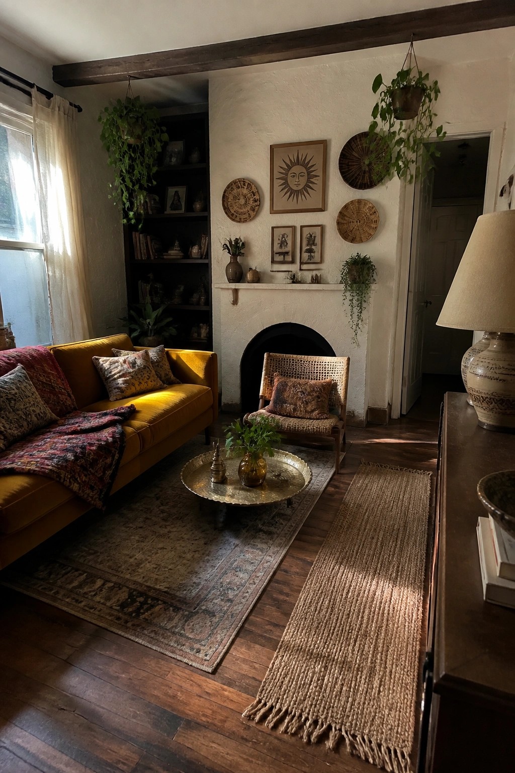 A living room with a mustard yellow sofa, patterned pillows, a vintage area rug, a woven chair, and a gallery wall above a white fireplace.