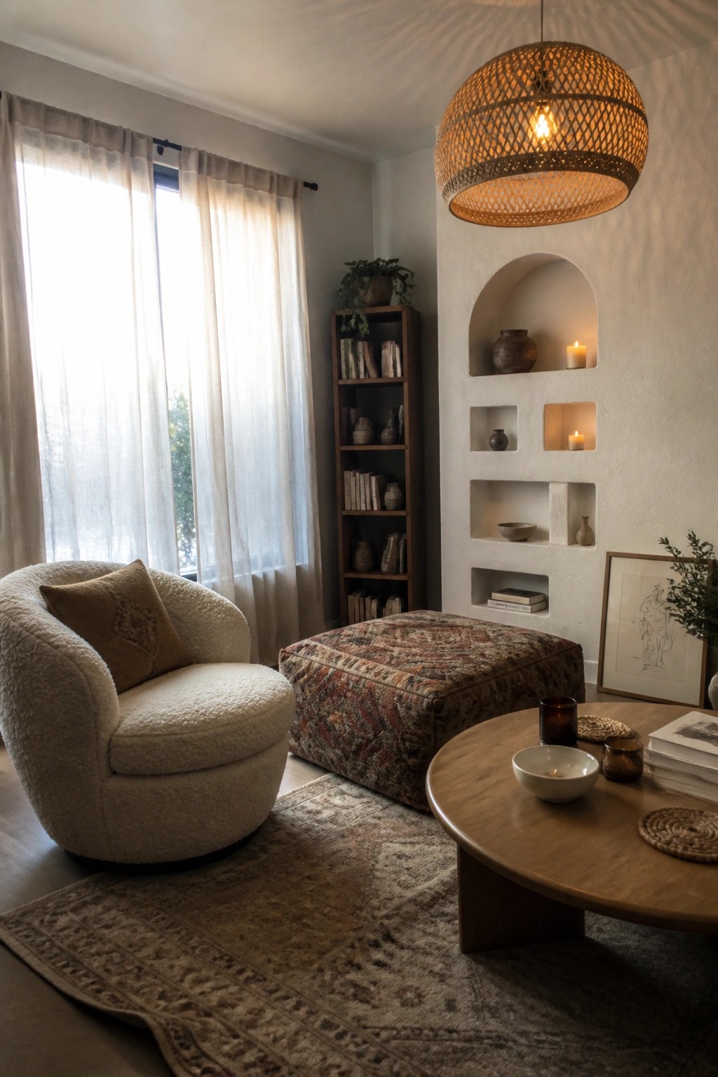A living room with a white boucle chair, patterned ottoman, round wood coffee table, and a textured wall featuring multiple built-in niches holding pottery and lit candles.