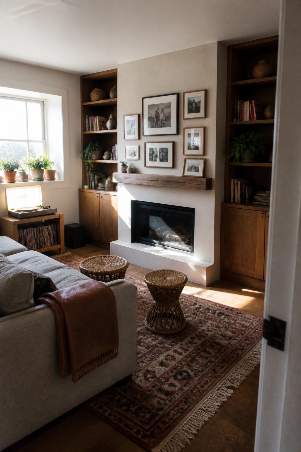 A living room featuring a central fireplace with wooden built-in shelves on both sides holding books, plants, and decor, a light sofa with a brown throw, and woven stools on a patterned rug.