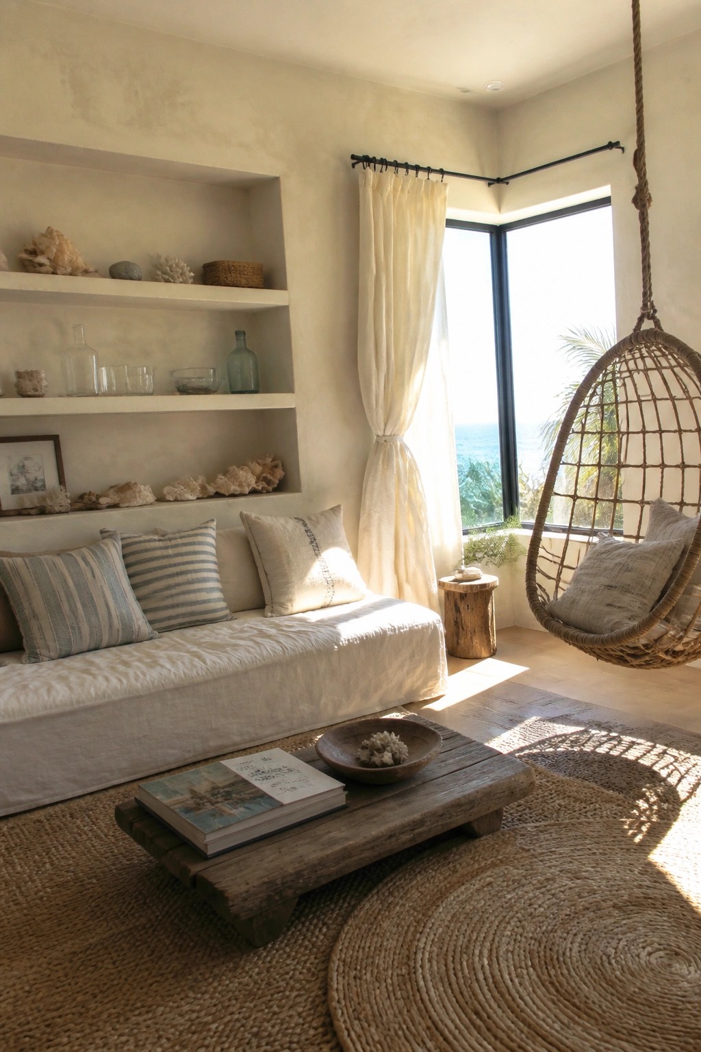 Sunny coastal nook with white daybed, seashell shelves, hanging chair, and ocean view