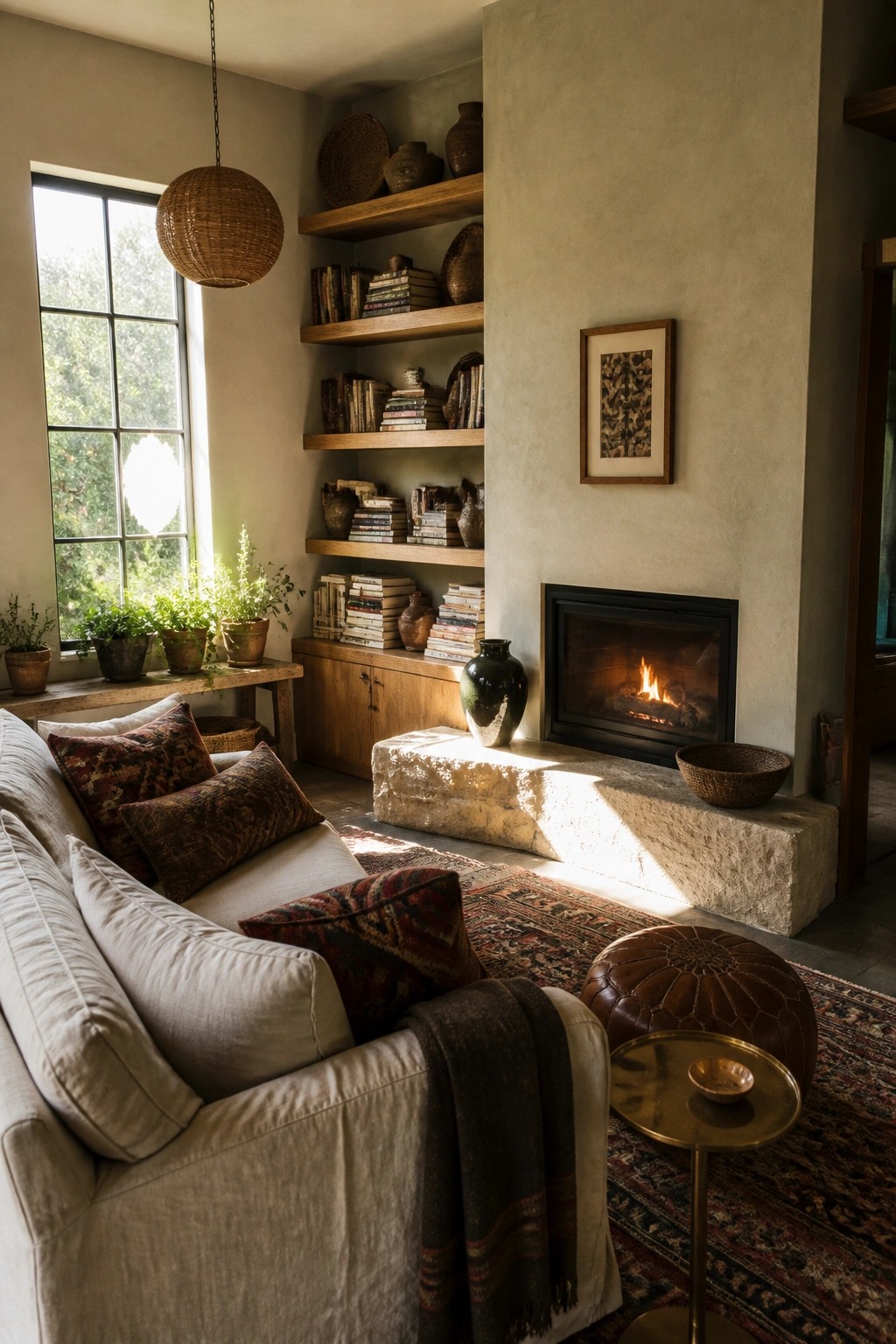 A living room corner with wooden built-in shelves full of books and pottery beside a stone fireplace, a white sofa with patterned pillows, and sunlight coming through a window.