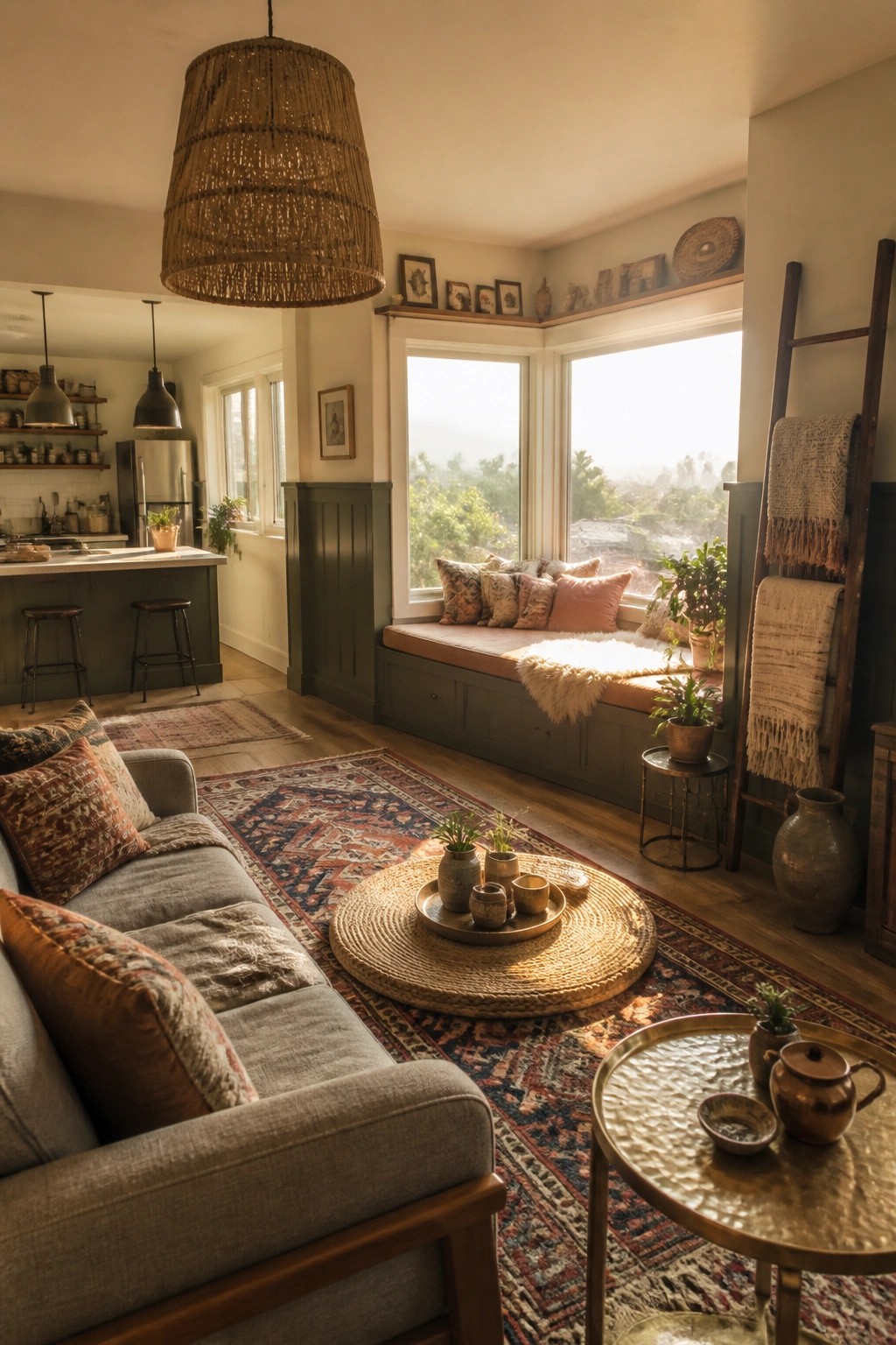 A living room with a gray sofa, layered rugs on wood flooring, a built-in cushioned window seat under large windows, and a large woven pendant light.
