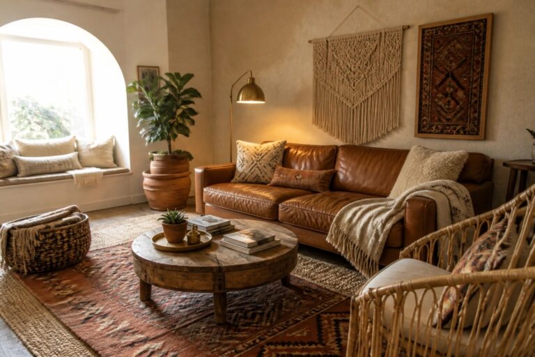 A living room featuring a brown leather sofa with patterned pillows, a large macrame wall hanging above it, a round wooden coffee table on layered rugs, and a wicker chair in the foreground.