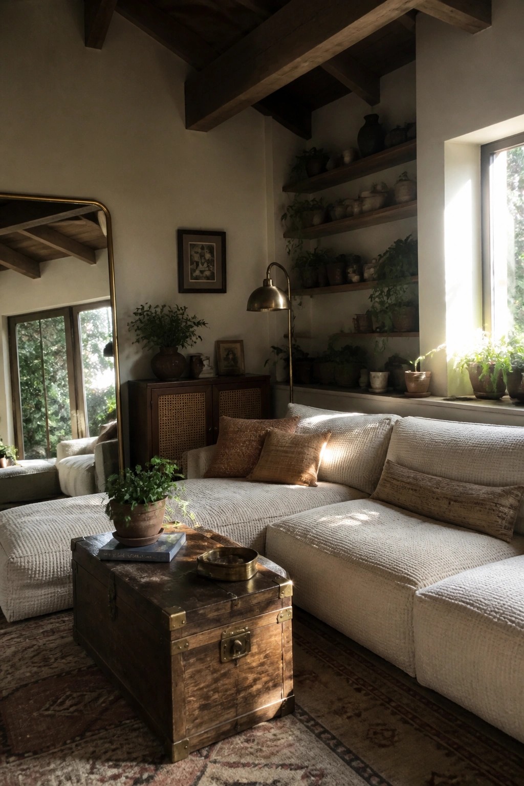 Sunlit living room with white sectional sofa, wooden trunk table, and plant-filled shelves.