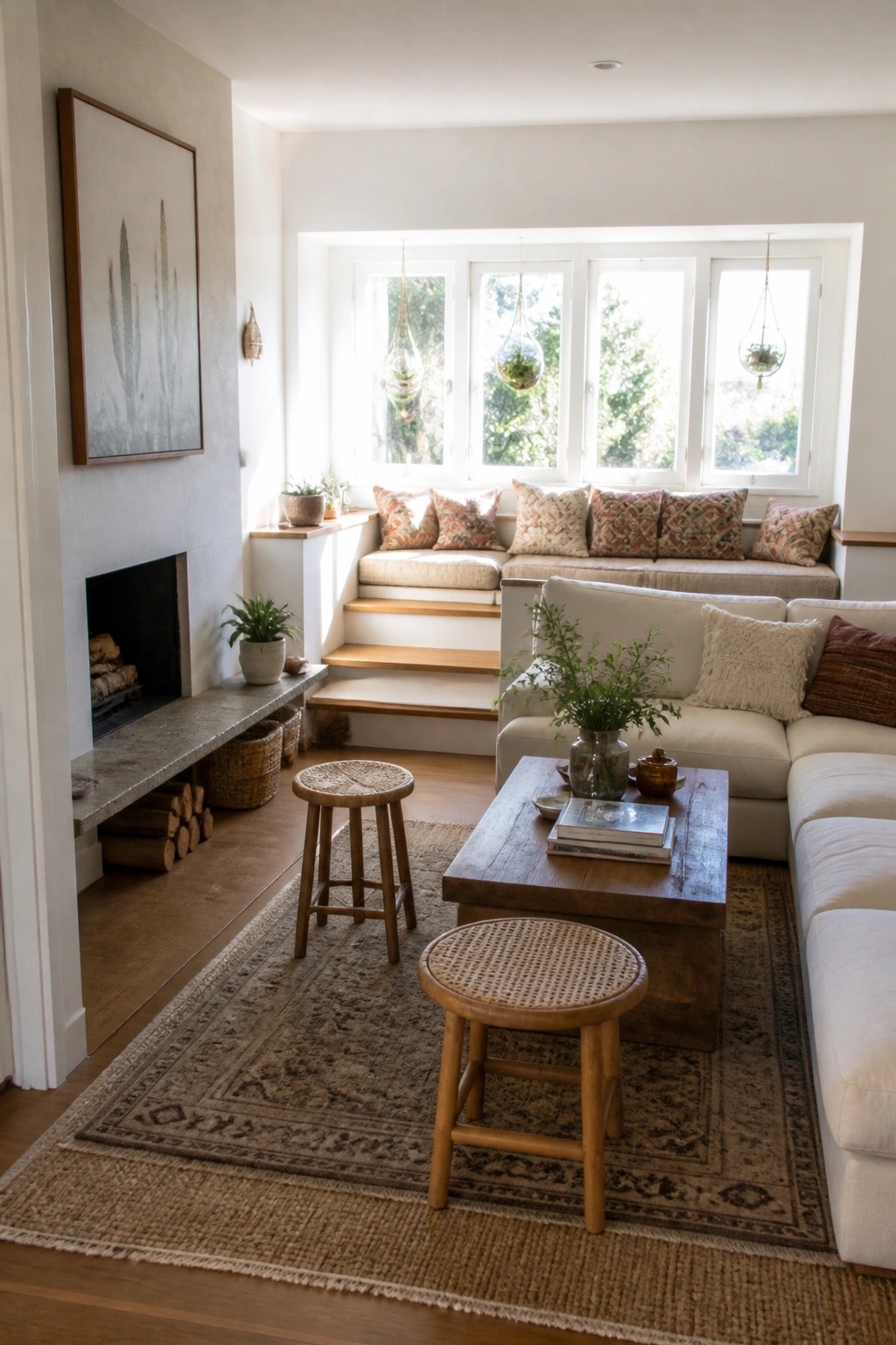 Cozy living room with white sofa, wooden coffee table, window seat, and fireplace