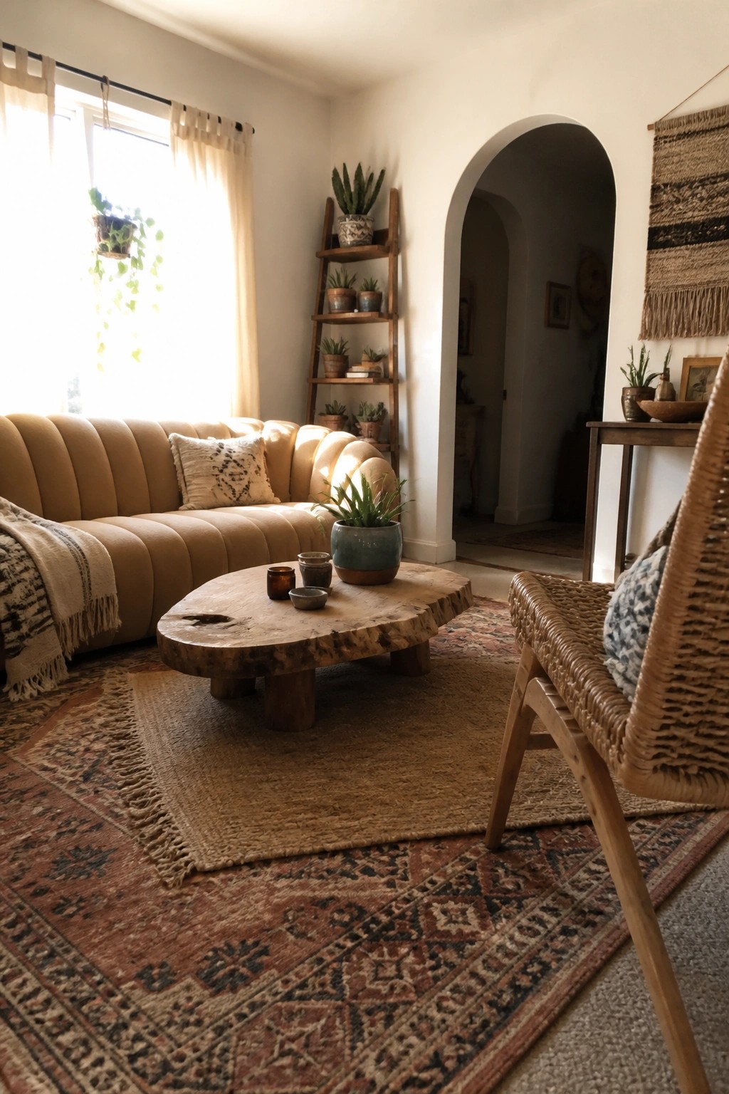 A living room interior showing a curved tan sofa, live edge wood coffee table, and two layered rugs with a woven chair in the foreground.
