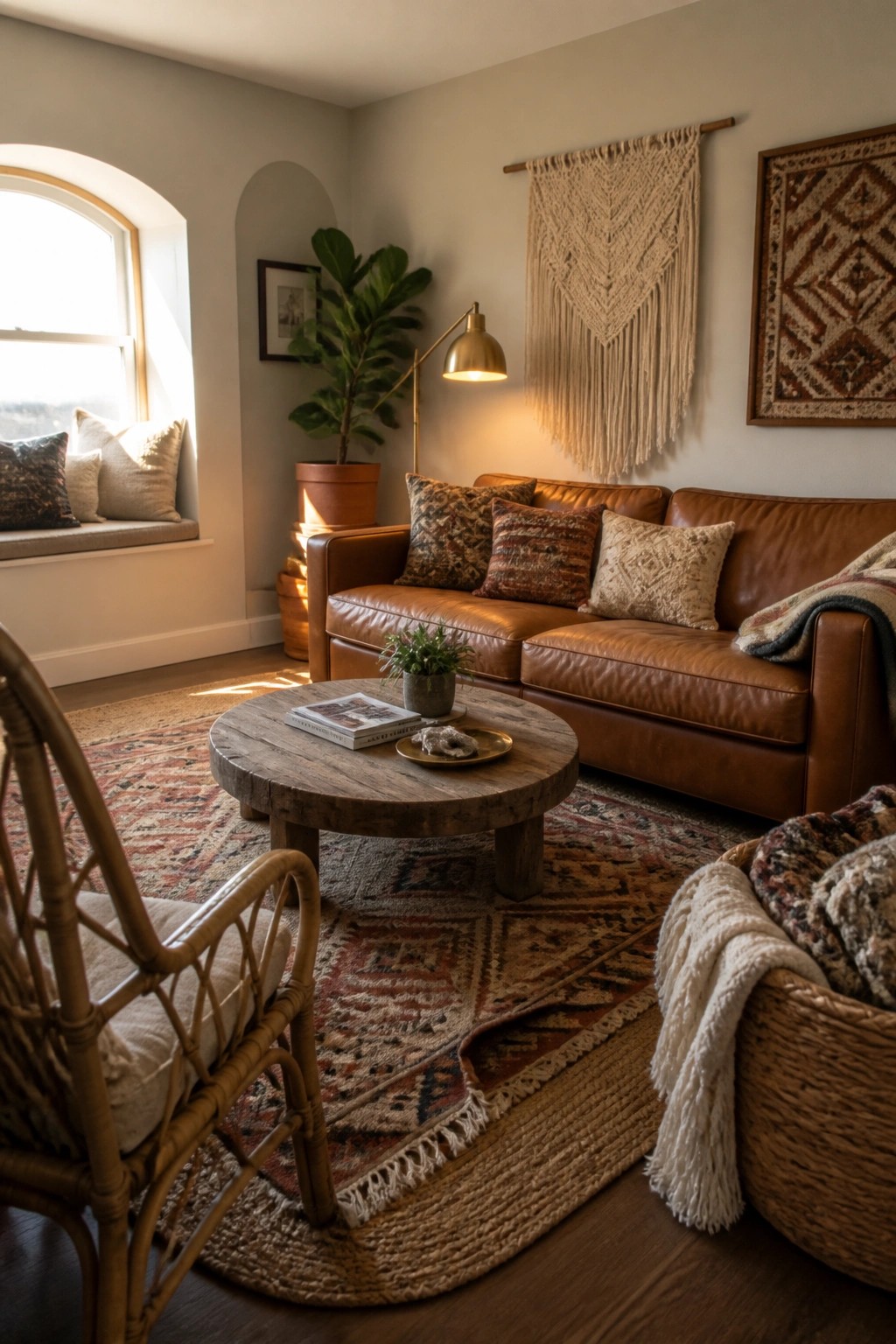 A living room featuring a brown leather sofa with patterned pillows, a large macrame wall hanging above it, a round wooden coffee table on layered rugs, and a wicker chair in the foreground.