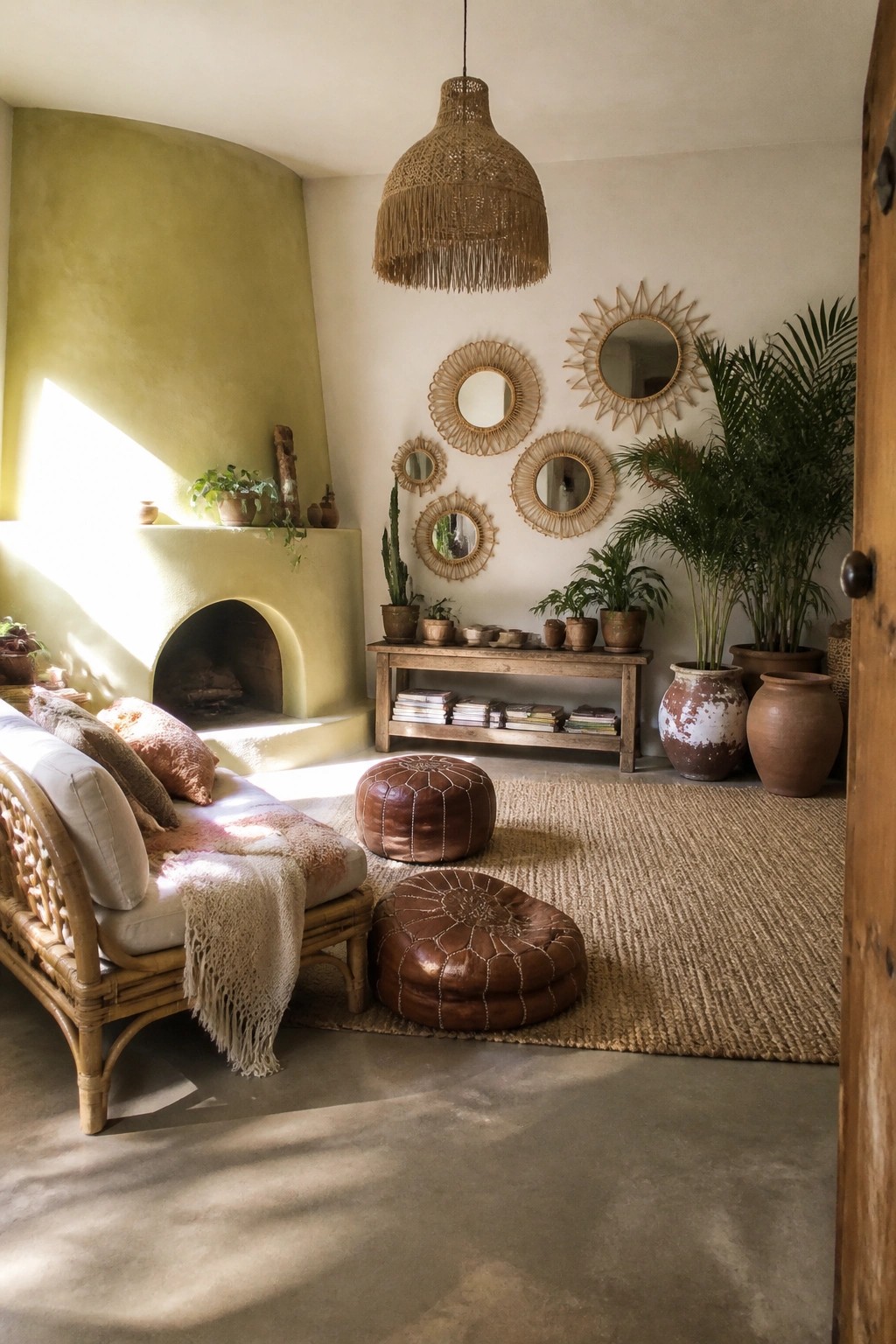Bohemian lounge with green fireplace, rattan sofa, leather poufs, woven rug, and plants.