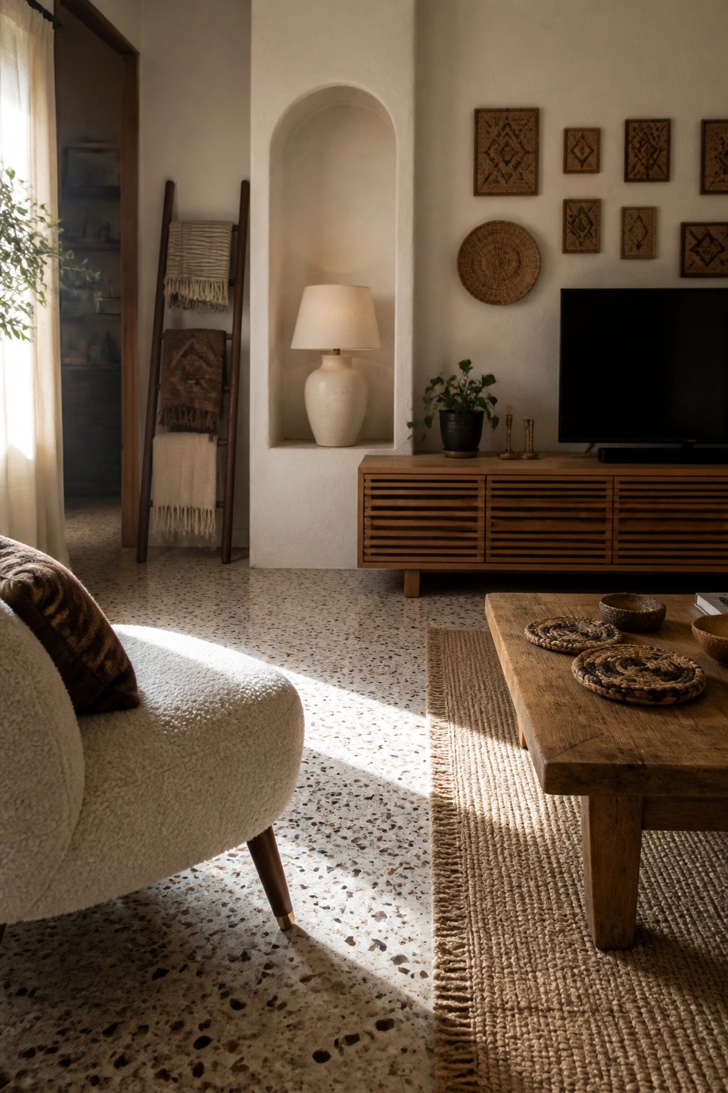A living room with a wooden media console, woven wall decor above it, a jute rug, wooden coffee table, and white boucle chair on a terrazzo floor.