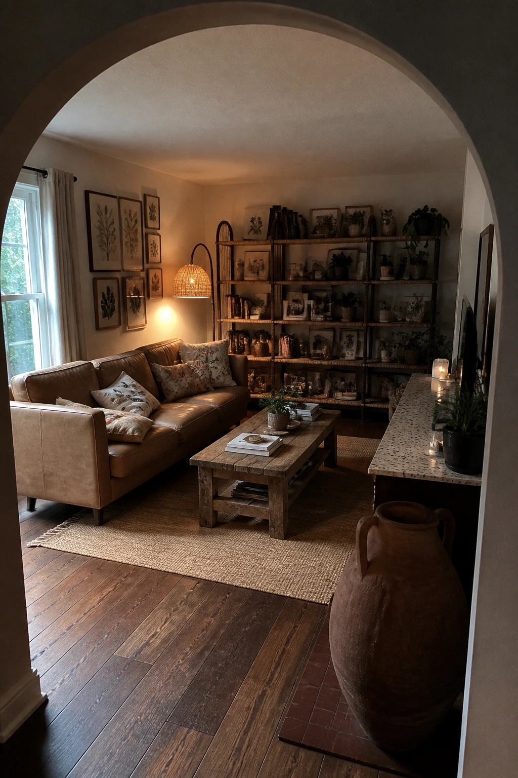 Cozy living room with brown leather sofa, wooden coffee table, and plant-filled bookshelf.