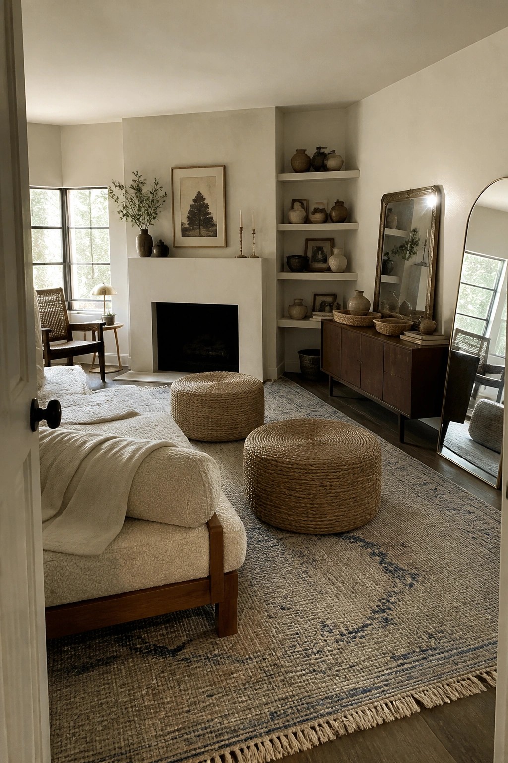 A living room interior featuring a large patterned area rug, two round woven ottomans, a white fireplace with built-in shelves holding pottery, and a bed with a wooden frame on the left.