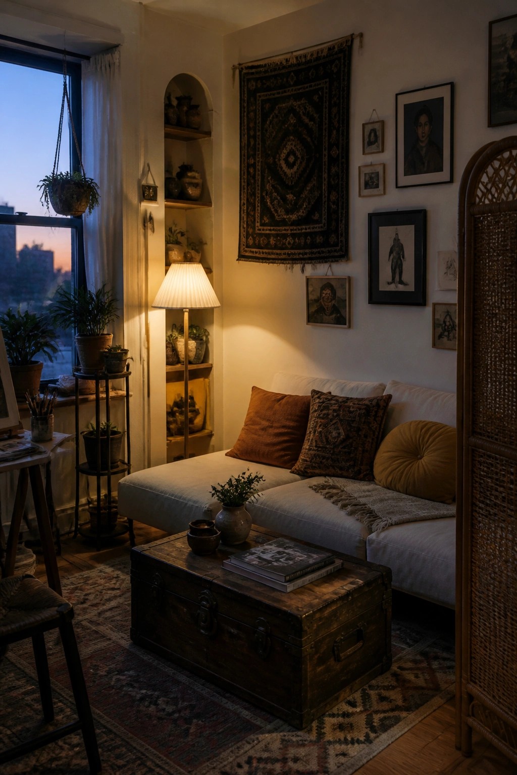 Cozy bohemian nook with white sofa, wooden trunk, floor lamp, and wall tapestries