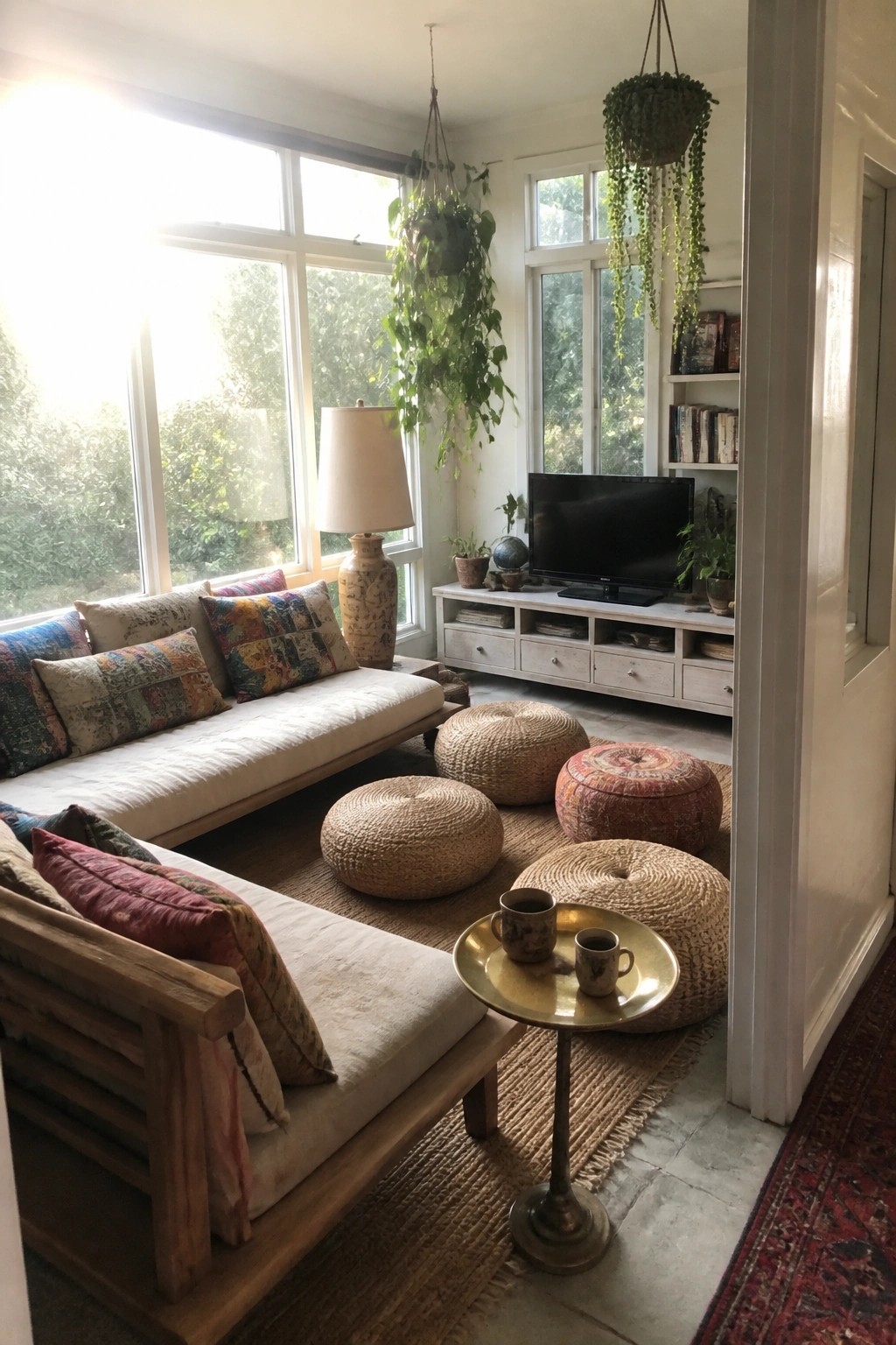 A bright living room with two low sofas, several woven floor poufs on a jute rug, hanging plants, and a television on a white console.