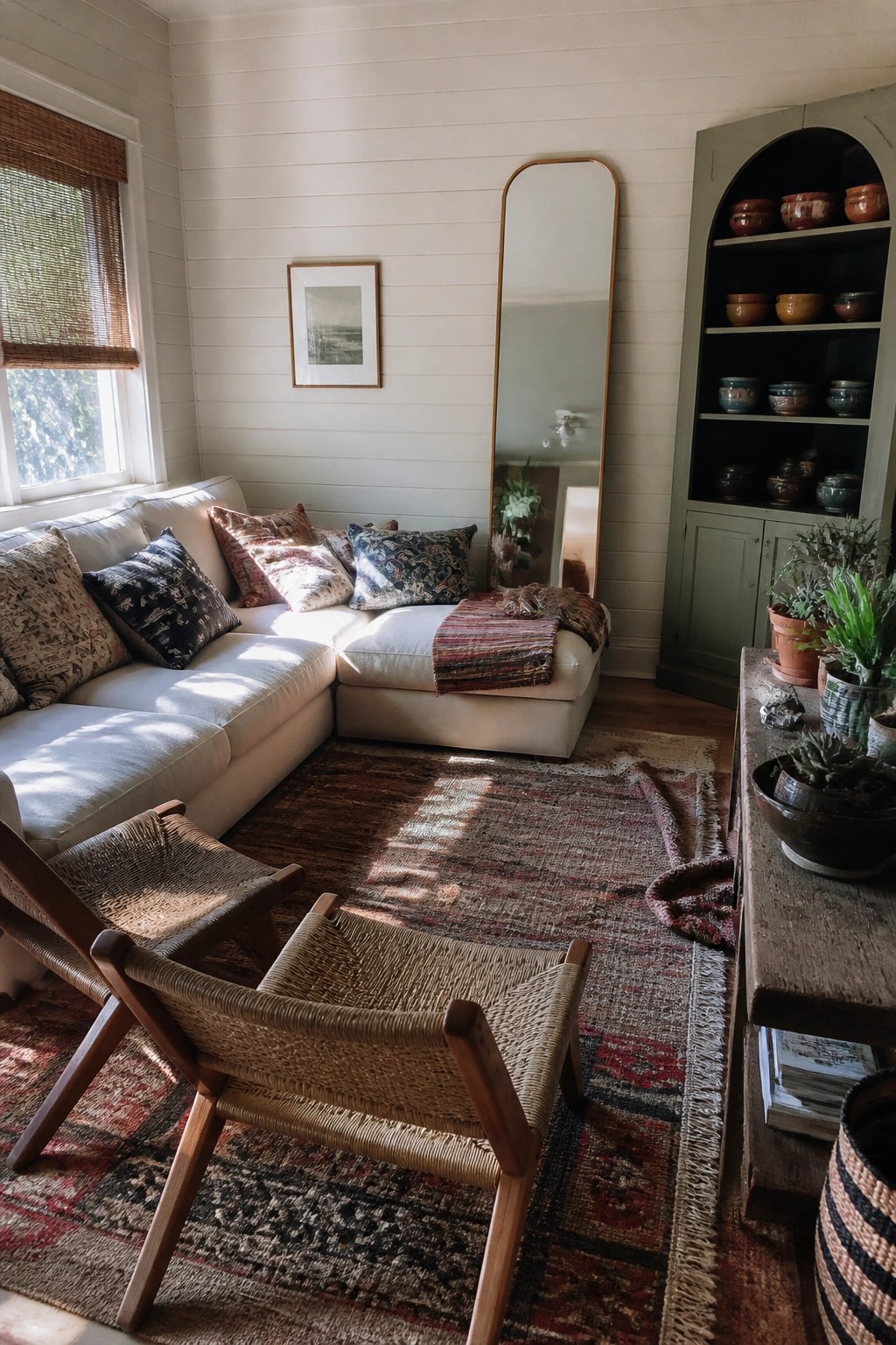 A bright living room with a white sectional sofa, patterned pillows, two woven wooden chairs on a large area rug, a tall floor mirror, and a green arched cabinet filled with pottery.