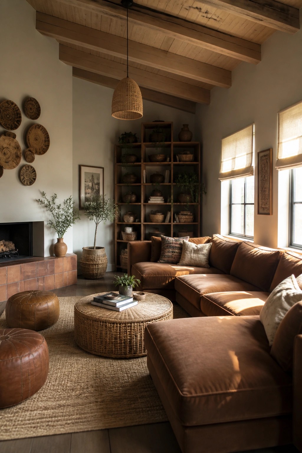 A living room featuring a large brown sectional sofa, a round woven coffee table with books, two leather poufs on a jute rug, built-in wooden shelves, and a terracotta-tiled fireplace.