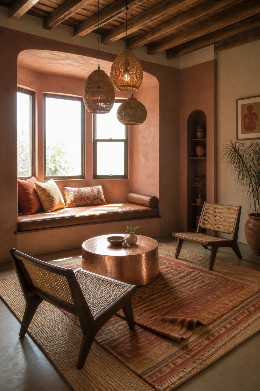 A living room interior with terracotta walls showing a built-in window seat under three windows, a round copper table on layered rugs, two woven chairs, and hanging wicker pendant lights.