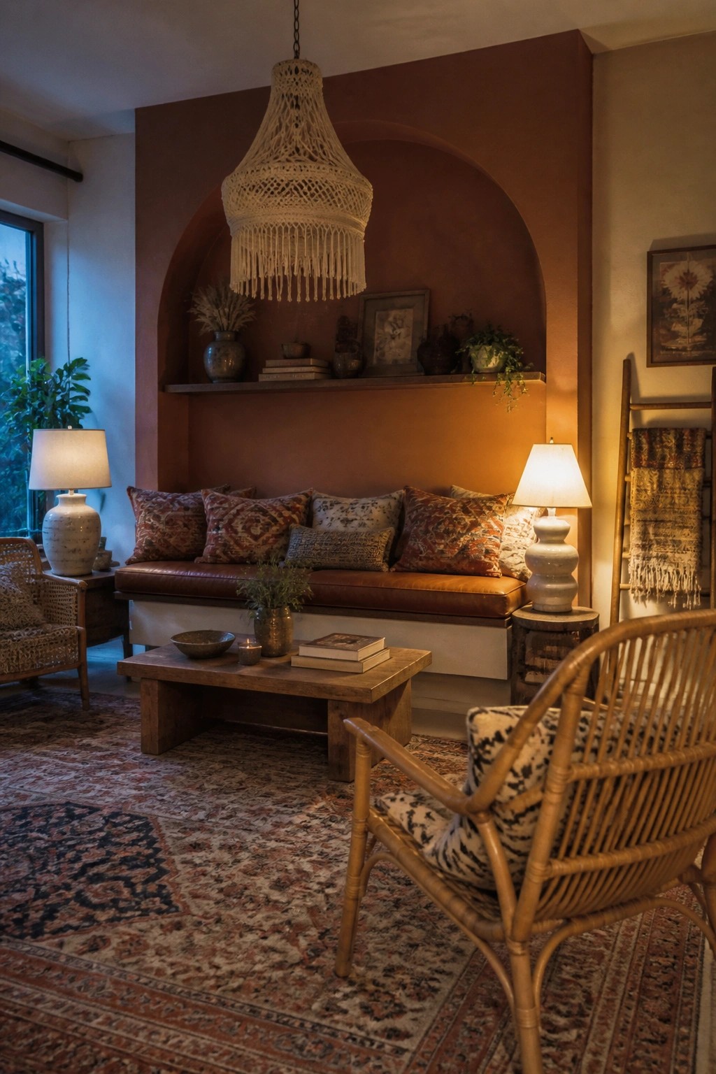 A living room shows a built-in leather bench inside a terracotta arched alcove with pillows, a wooden coffee table, and a macrame pendant light overhead.