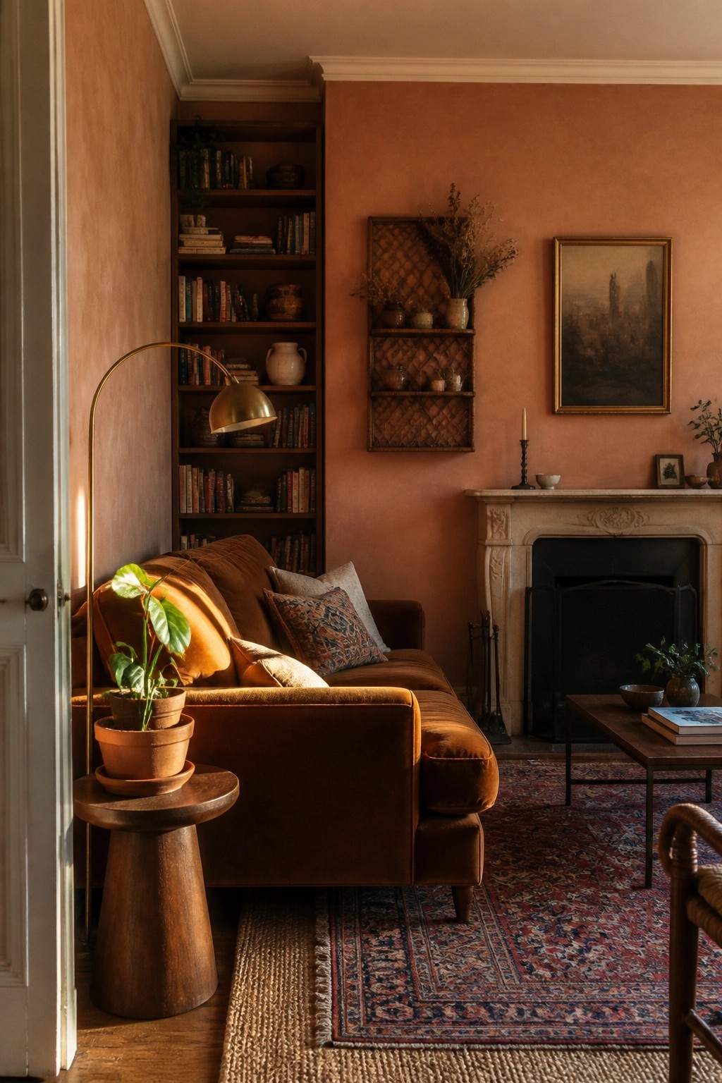 A living room corner with terracotta walls, a brown velvet sofa in front of a tall built-in bookshelf filled with books, a brass floor lamp, and a marble fireplace on the right.