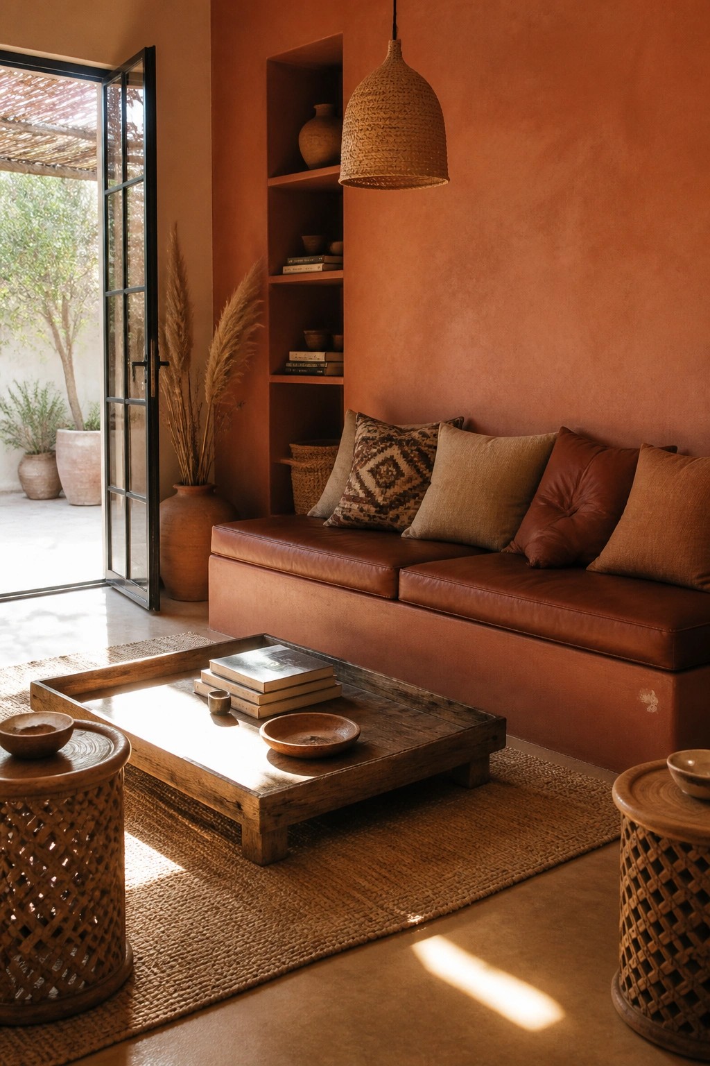 A living room with a brown leather built-in sofa against a terracotta wall, recessed shelving above it, a low wooden coffee table on a jute rug, and two woven side tables.