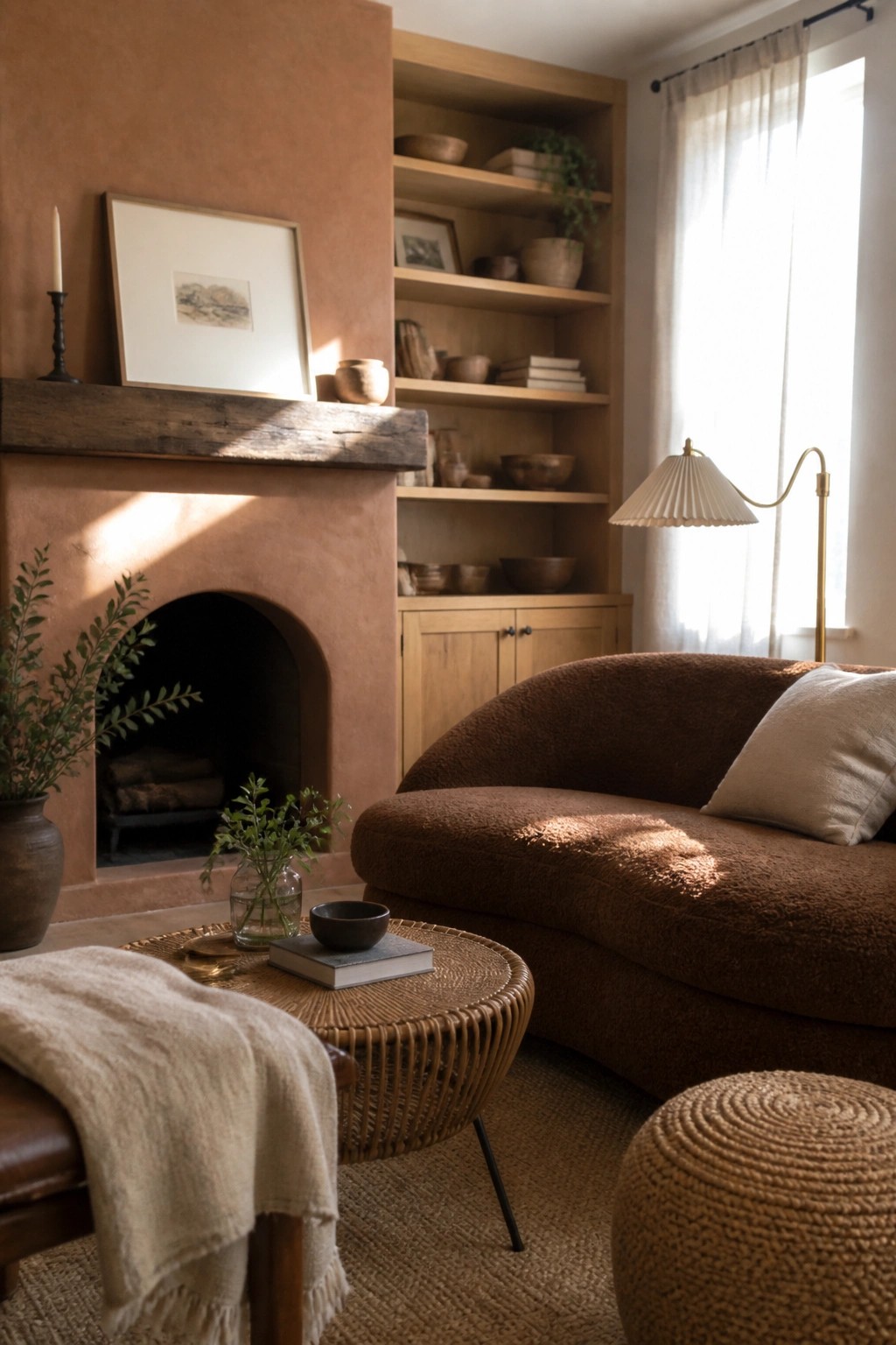 A living room with a terracotta fireplace, wooden built-in shelves filled with pottery and books, a brown curved sofa, and a wicker coffee table in warm natural light.