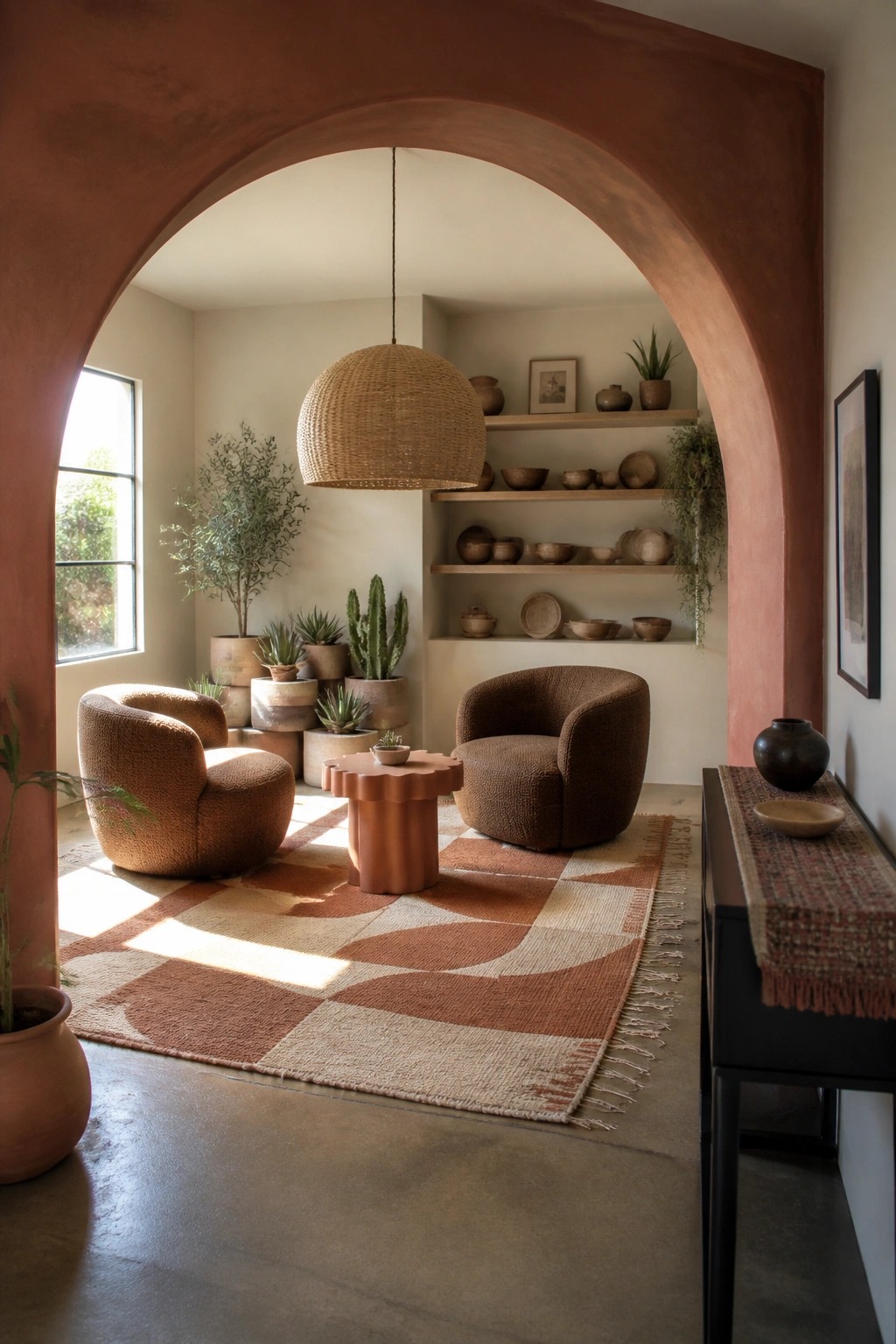 A living room viewed through a large terracotta arch, featuring two brown boucle chairs, a woven pendant light, a patterned rug, and built-in shelves holding pottery and plants.