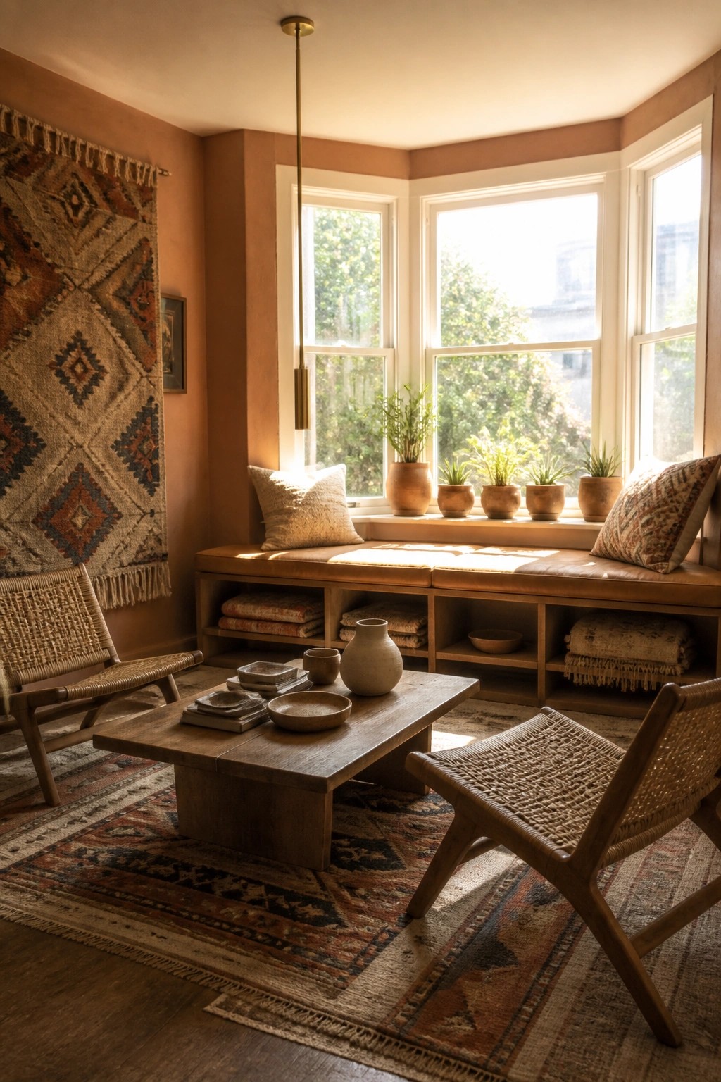 A living room with a long wooden built-in bench under bay windows, storage cubbies below, terracotta walls, woven chairs, a low coffee table, and layered rugs.