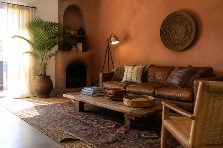 21 Earthy Cozy Boho Living Room Ideas in Terracotta and Warm Brown Warm living room with brown leather sofa, wooden table on patterned rug, terracotta walls