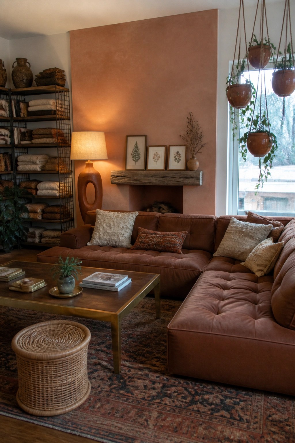 A living room with a large terracotta accent wall, a brown leather sectional sofa, a wooden coffee table, and hanging plants near a window.